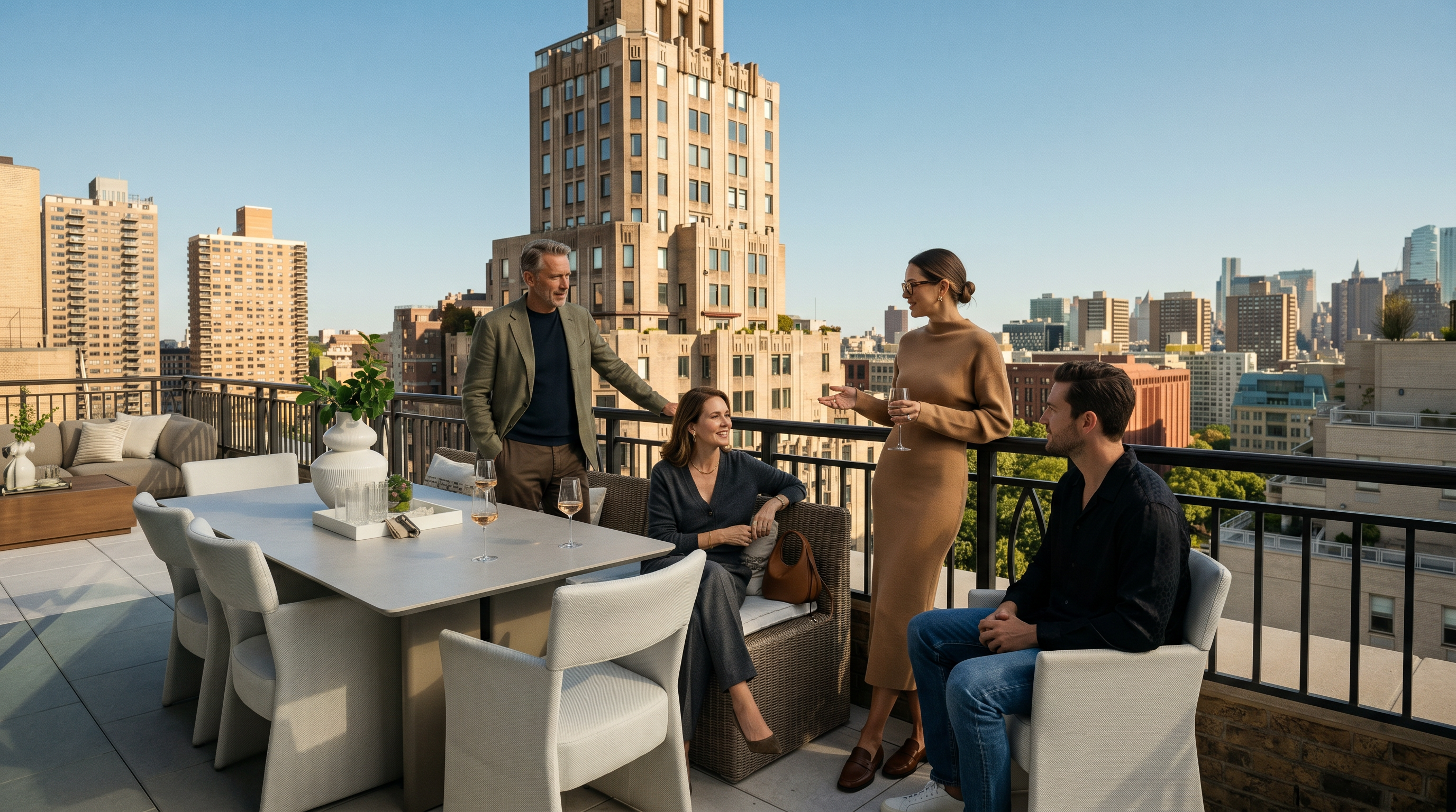 This expansive outdoor terrace offers a sophisticated dining area with a modern table and comfortable seating, set against a stunning urban skyline. The perspective captures the elevated vantage point, showcasing a prominent historic skyscraper and lush green treetops in the distance. The space is designed for elegant entertaining, blending contemporary furniture with a dramatic city backdrop.