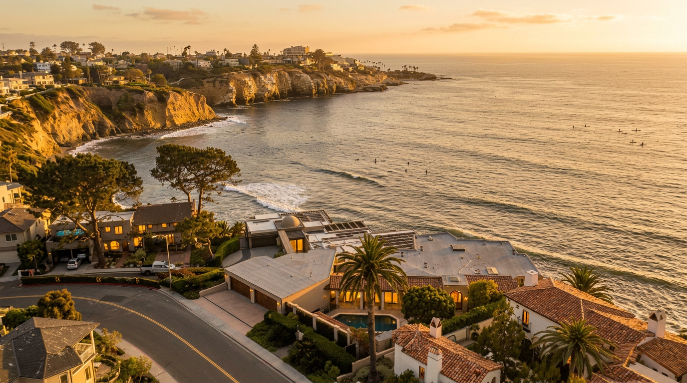 This high-angle aerial view captures a stunning coastal property perched on a cliff overlooking the Pacific Ocean. The estate features a sprawling residence with a mix of flat and terracotta-tiled roofs, a private swimming pool, and lush landscaping, all situated along a winding coastal road. The expansive blue ocean and rugged shoreline provide a dramatic and picturesque backdrop for this luxury waterfront home.