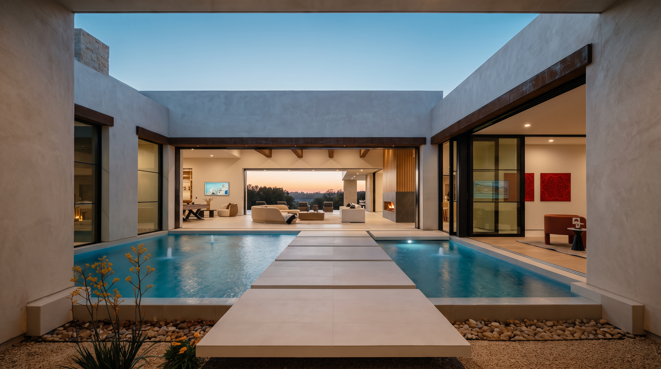This striking architectural view captures a serene courtyard featuring a central reflecting pool with a stone walkway bridge leading into an expansive, open-concept living space. The seamless transition between the indoor and outdoor areas is achieved through large glass panels that slide away, revealing a modern interior with a tall fireplace surround and sunset views. The scene is framed by clean, minimalist lines and warm ambient lighting, creating a sophisticated and tranquil atmosphere.