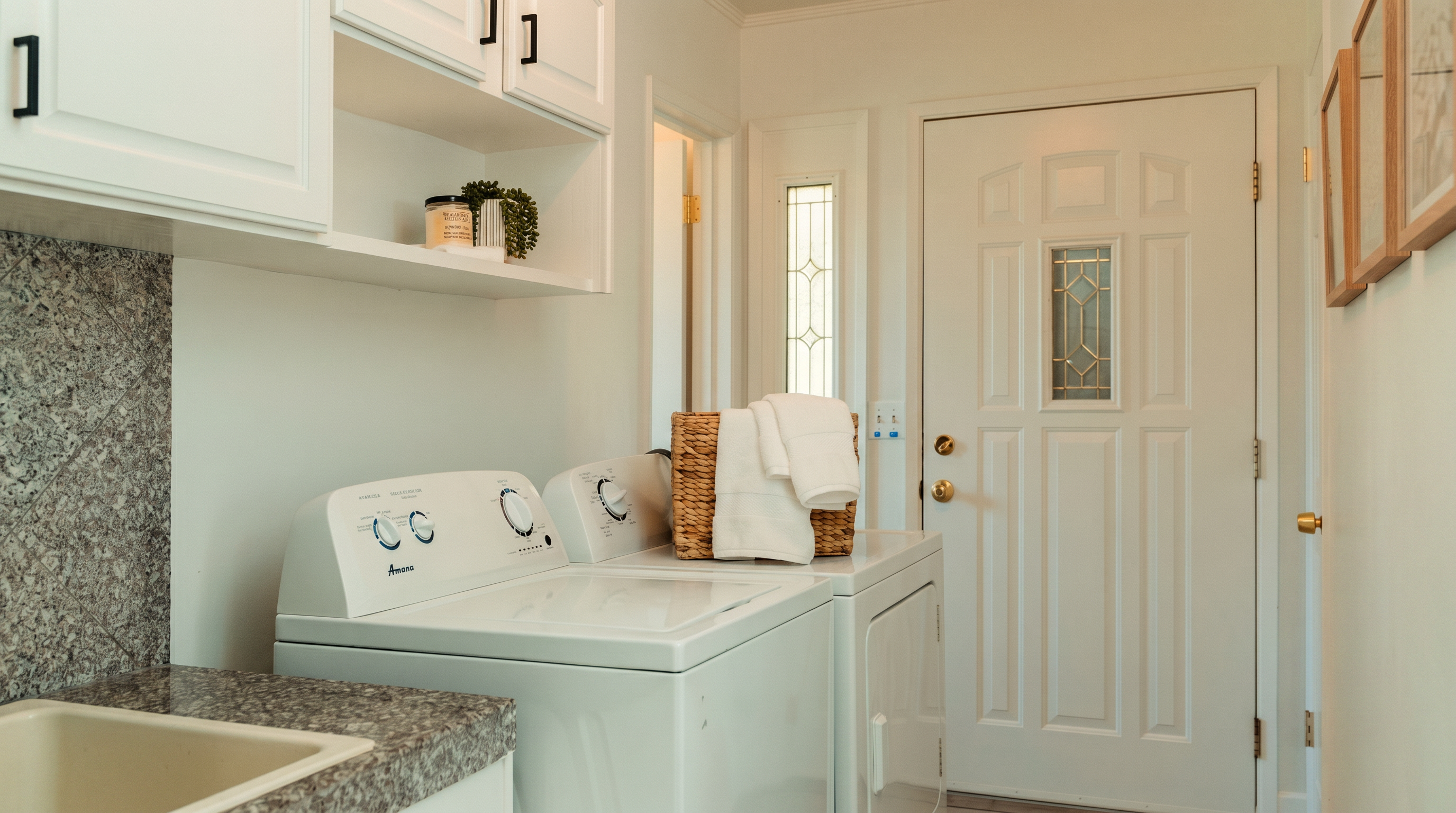 This functional laundry room features white cabinetry, a stone-look countertop, and a utility sink. The space includes a side-by-side washer and dryer set, with a woven basket and towels resting on top. A white door with a decorative glass insert provides access to the exterior, creating a bright and practical utility area.