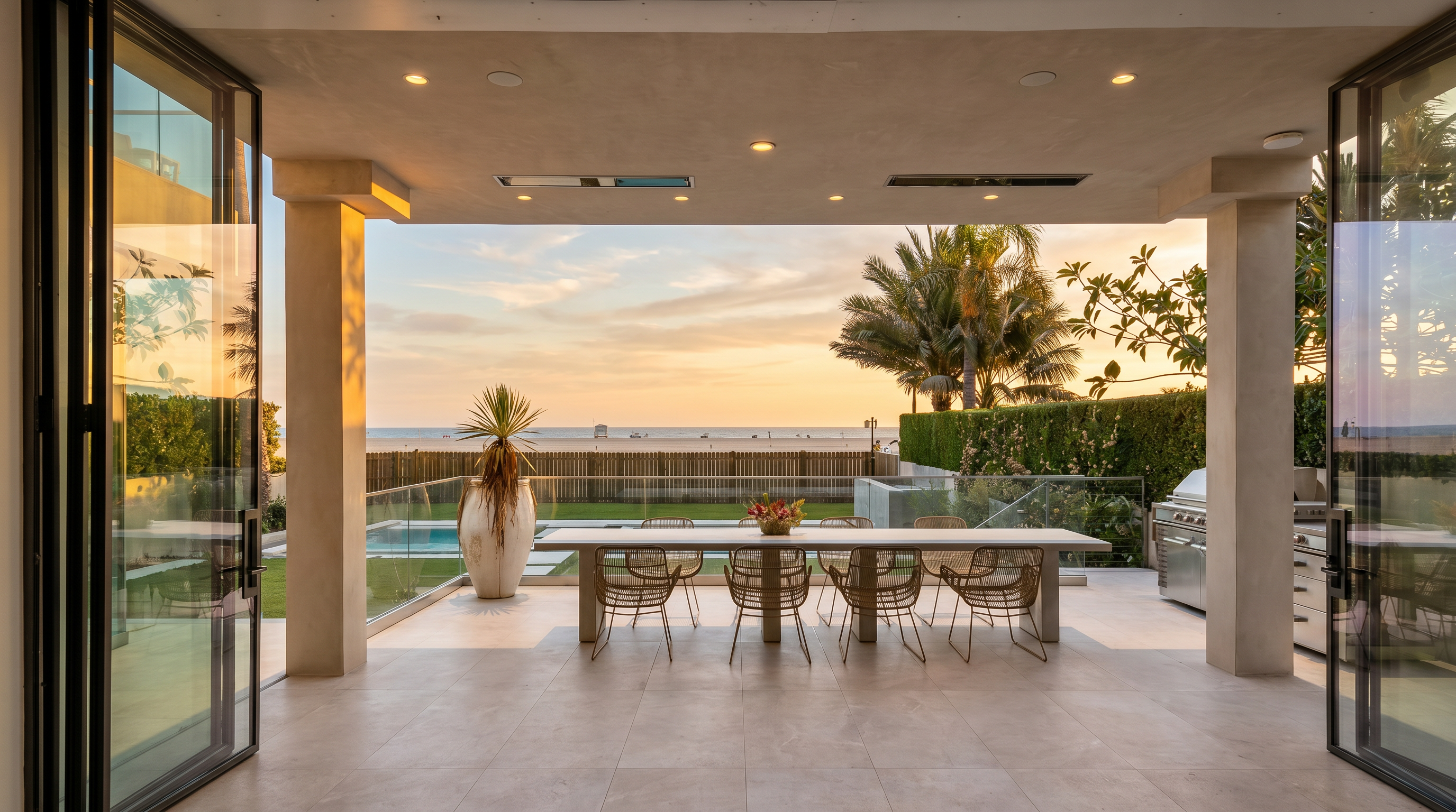 This image captures a seamless transition between an indoor living space and a covered outdoor patio through expansive, fully retracted glass doors. The patio features a long, modern dining table set for eight, overlooking a private lawn, a swimming pool, and an unobstructed view of the beach and ocean beyond. The space is defined by clean lines, neutral stone flooring, and a sophisticated, open-air design that emphasizes coastal luxury.