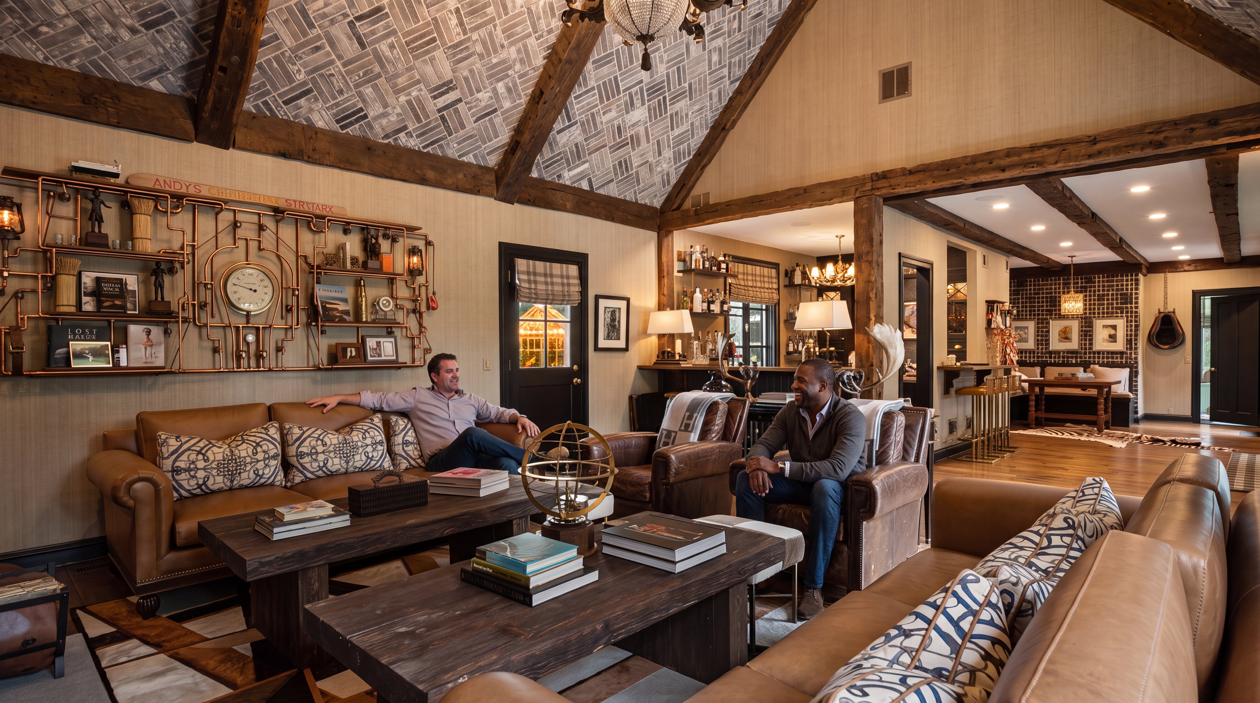 This spacious, open-concept living area features a sophisticated, rustic-industrial design with high vaulted ceilings accented by reclaimed wood beams and a uniquely tiled ceiling. The room is anchored by comfortable plush leather furniture, custom pipe-work wall shelving, and warm, ambient lighting, creating an inviting and refined atmosphere perfect for gathering or entertaining.