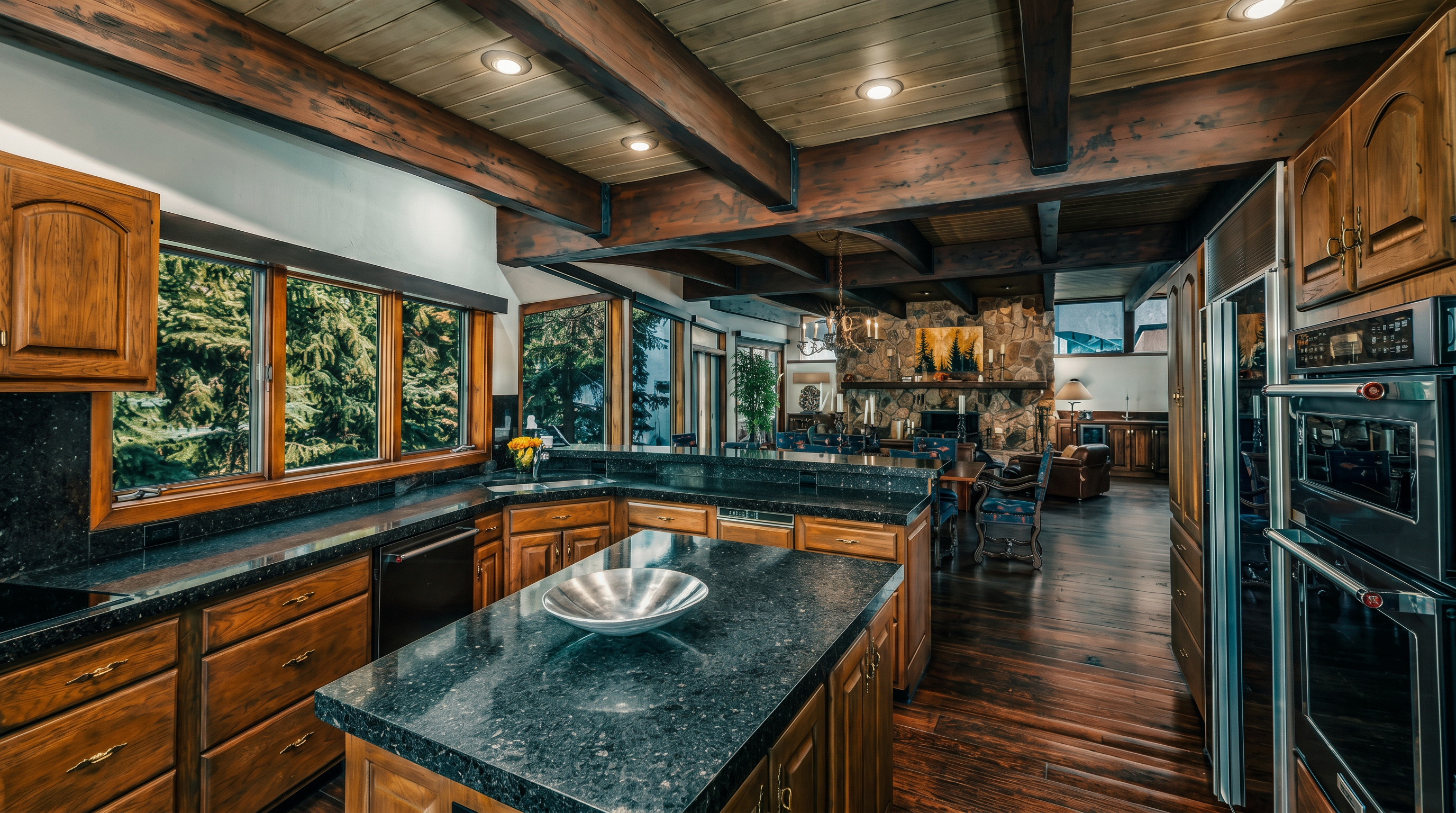 This spacious, open-concept kitchen features warm wood cabinetry, dark stone countertops, and a central island with a large metal bowl. The room is defined by exposed wooden ceiling beams and recessed lighting, creating a rustic yet refined atmosphere. Beyond the kitchen counter, the view extends into a living area anchored by a prominent stone-clad chimney breast, with large windows providing ample natural light and views of the surrounding trees.