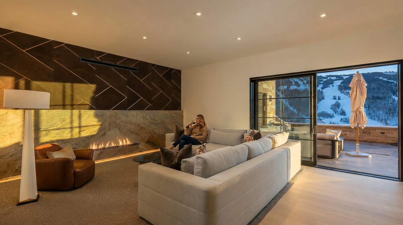 This sophisticated living room features a striking stone-clad chimney breast with a linear fireplace and a geometric patterned accent wall. A plush, light-toned sectional sofa and a leather armchair provide comfortable seating, while large sliding glass doors open to a spacious terrace with mountain views. The room is illuminated by recessed lighting and warm natural light, creating an inviting and luxurious atmosphere.
