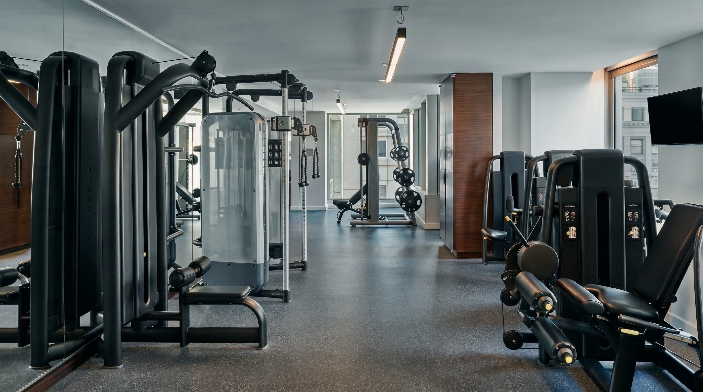 This professional-grade home gym features a variety of black strength-training equipment, including a multi-station cable machine and leg extension machines, arranged on a durable, dark gray rubberized floor. The space is illuminated by a long, linear light fixture and benefits from natural light streaming through large windows at the far end of the room. A full-length mirror on the left wall enhances the sense of depth, creating a clean, functional, and modern workout environment.