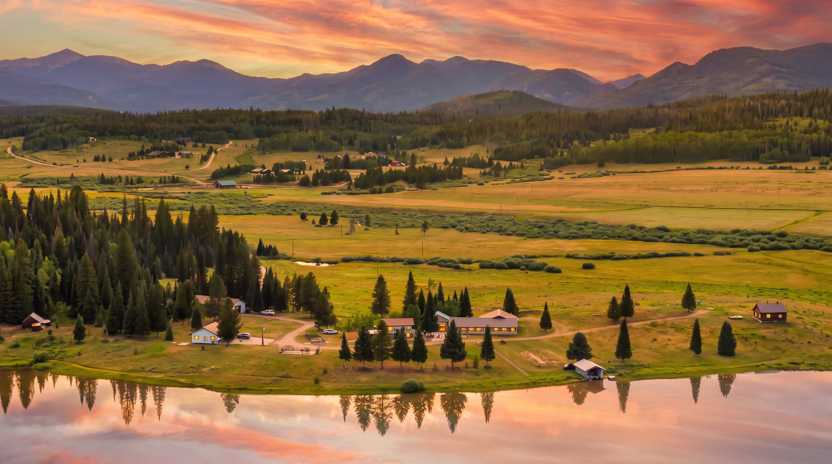 This expansive aerial view captures a serene lakeside property nestled in a lush, mountainous valley at sunset. The scene features several buildings situated on a grassy meadow, with a calm lake in the foreground reflecting the vibrant pink and orange hues of the sky. The surrounding landscape is characterized by dense evergreen forests and rolling hills, creating a peaceful and secluded atmosphere.