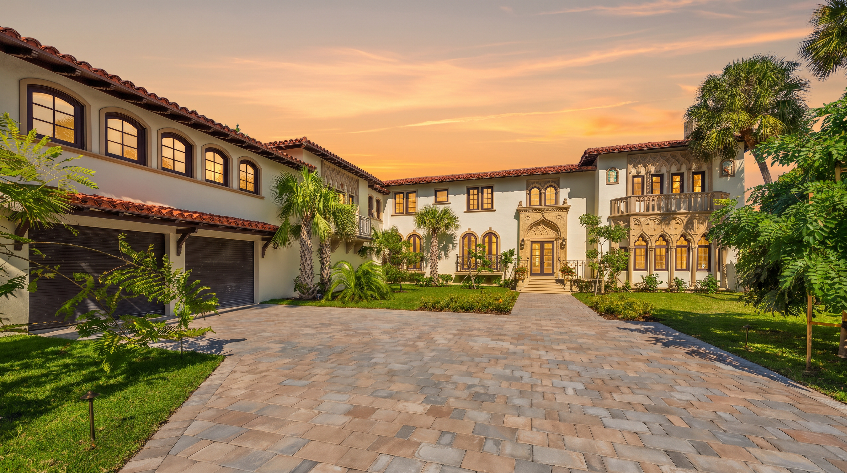 This grand Mediterranean-style estate features a sprawling U-shaped layout with a light-colored stucco facade and a classic red-tiled roof. The property includes a large, paved motor court leading to a multi-car garage on the left and an ornate, arched entryway at the center. Lush landscaping, including mature palm trees and manicured lawns, frames the residence, creating an impressive and luxurious curb appeal.