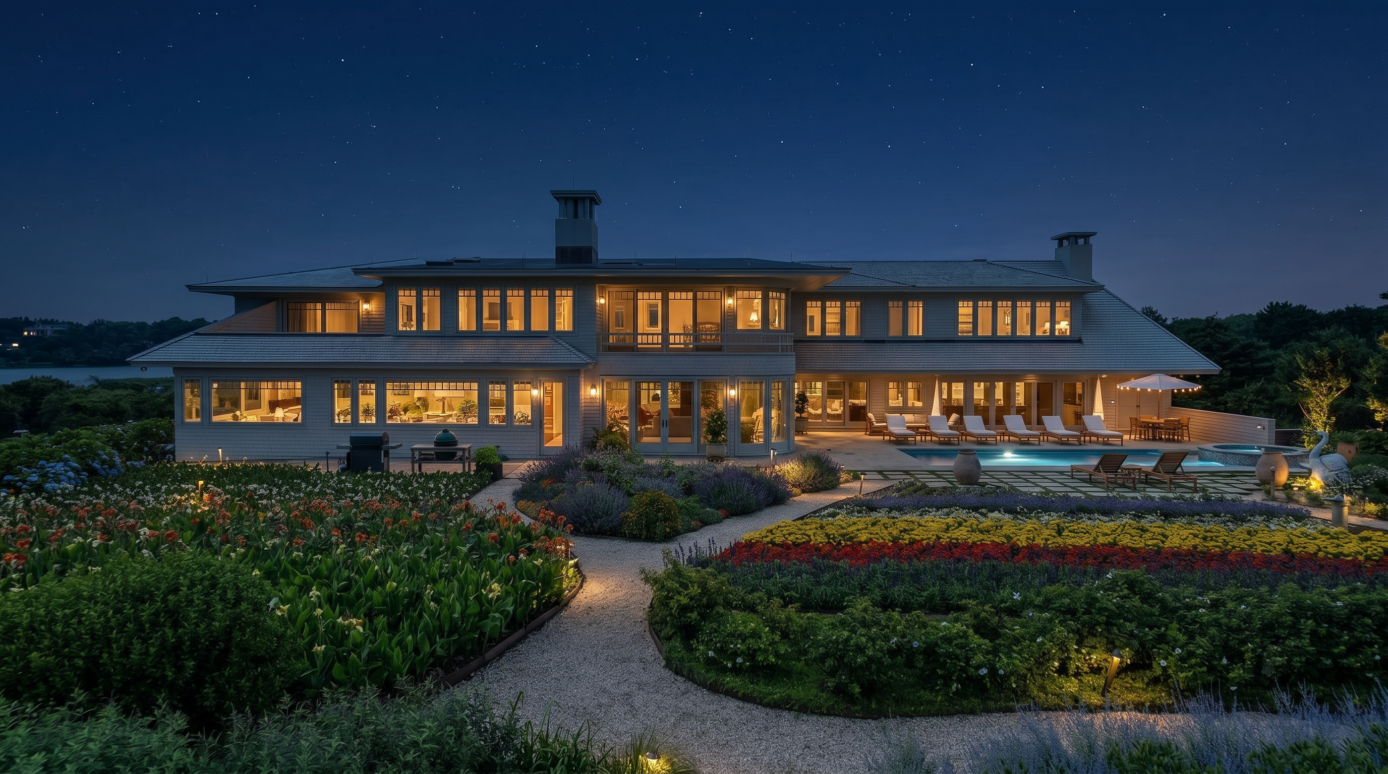 This expansive rear view of a coastal-style estate showcases a multi-level residence with light-colored shingle siding and numerous windows overlooking a meticulously landscaped garden. The foreground features vibrant, multi-colored flower beds and a gravel path, leading toward a stone-paved patio area with a swimming pool and lounge chairs. The scene is captured from an elevated perspective, emphasizing the seamless integration between the home's architecture and its lush, manicured outdoor living spaces.