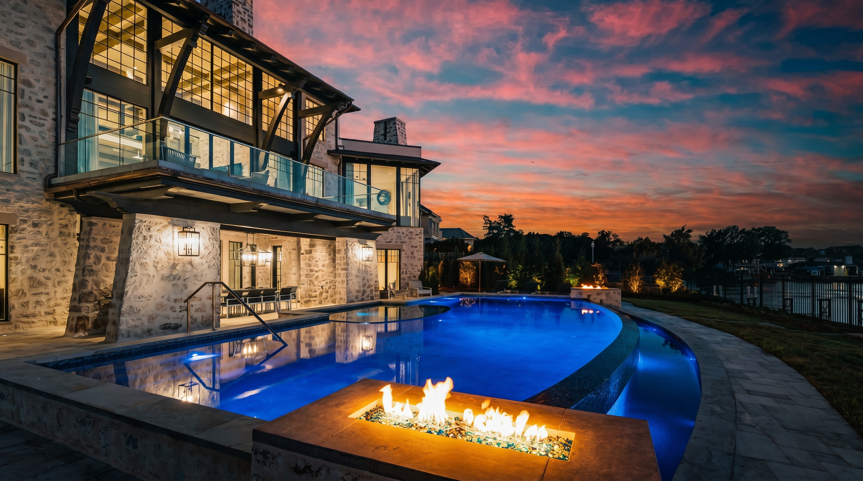 This stunning rear exterior view captures a luxurious stone-clad residence at twilight, featuring a large, illuminated infinity-edge pool as the centerpiece. The home showcases architectural details like timber-framed accents, expansive glass windows, and a covered patio area, all set against a vibrant, colorful sunset sky. A fire feature built into the pool deck adds a warm, inviting glow to the sophisticated outdoor living space.