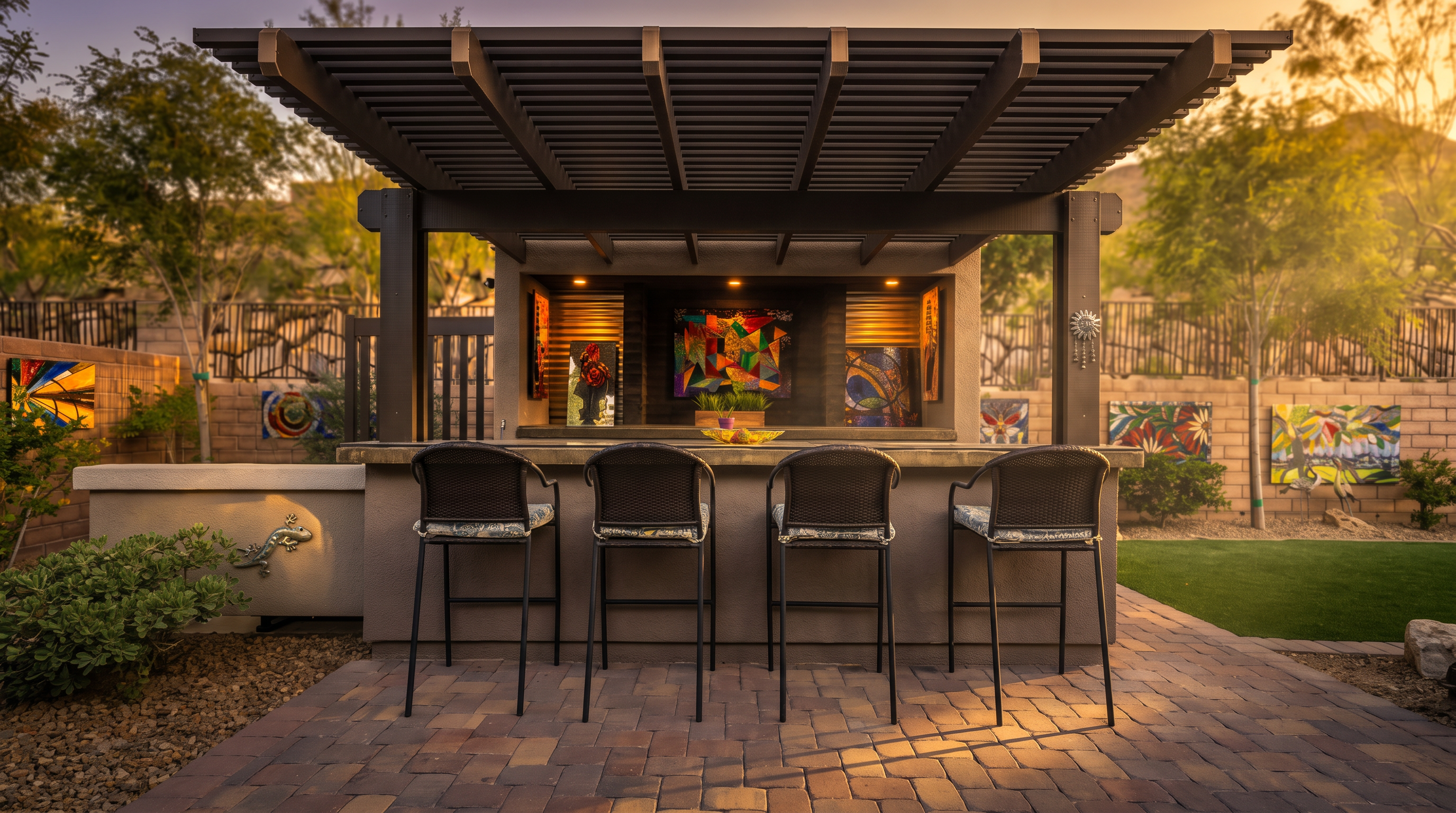 This outdoor space features a covered bar area with a wooden pergola, equipped with bar seating, counter space, and decorative wall art. The area is set on stone pavers and surrounded by a manicured lawn, creating an inviting atmosphere for outdoor entertainment. The design emphasizes a relaxed, stylish aesthetic perfect for social gatherings.