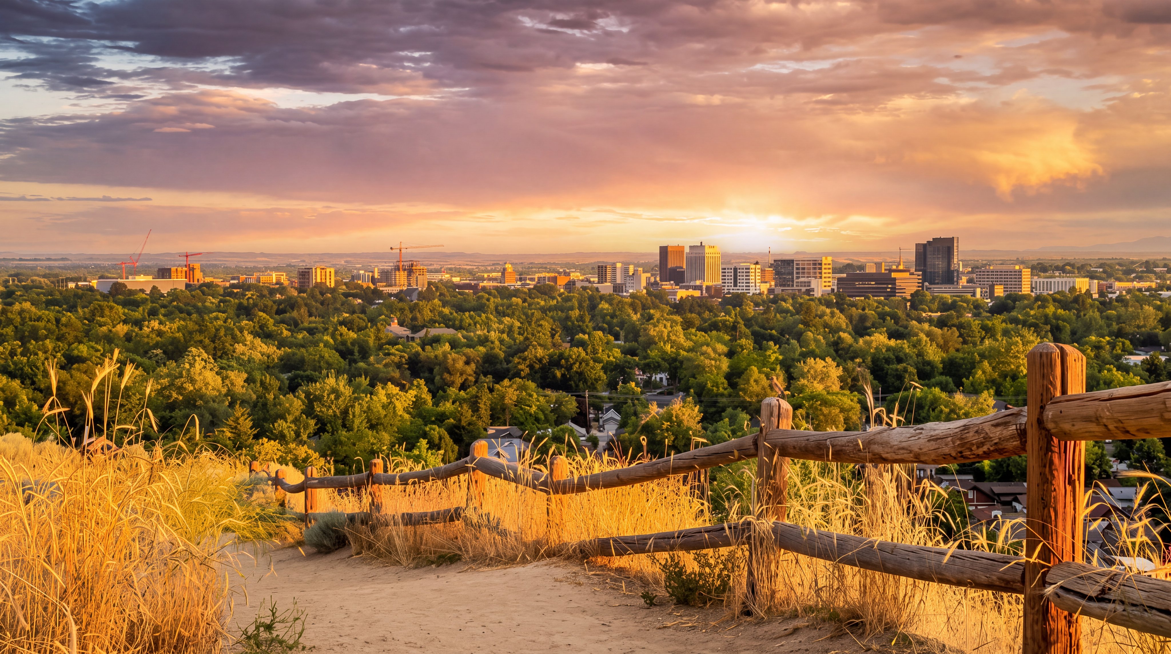 This image shows a scenic elevated vantage point overlooking a city skyline, framed by a rustic wooden fence and foreground of dry prairie grasses. The warm, golden sunset light highlights the lush canopy of trees covering the urban landscape, creating an inviting and peaceful atmosphere. It is a striking representation of the surrounding community landscape and scenic views available in the area.