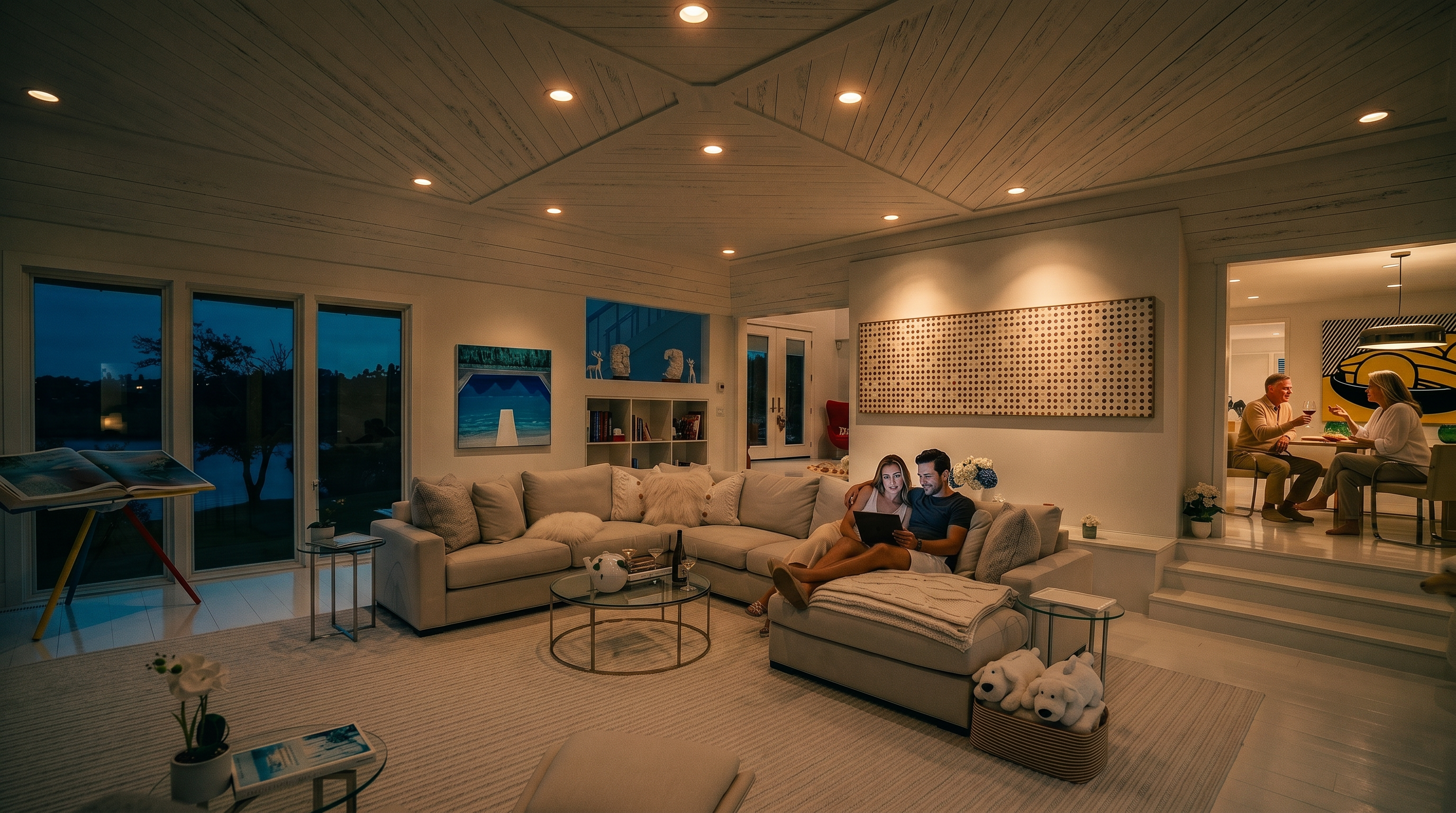 This bright and airy living room features a large, light-colored sectional sofa arranged around a circular glass coffee table on a textured area rug. The space is characterized by a unique geometric paneled ceiling, white walls, and large windows that provide expansive views of the lush green landscape and water outside. Vibrant pop art pieces add a playful touch to the sophisticated, open-concept interior, which flows seamlessly into an adjacent dining area.