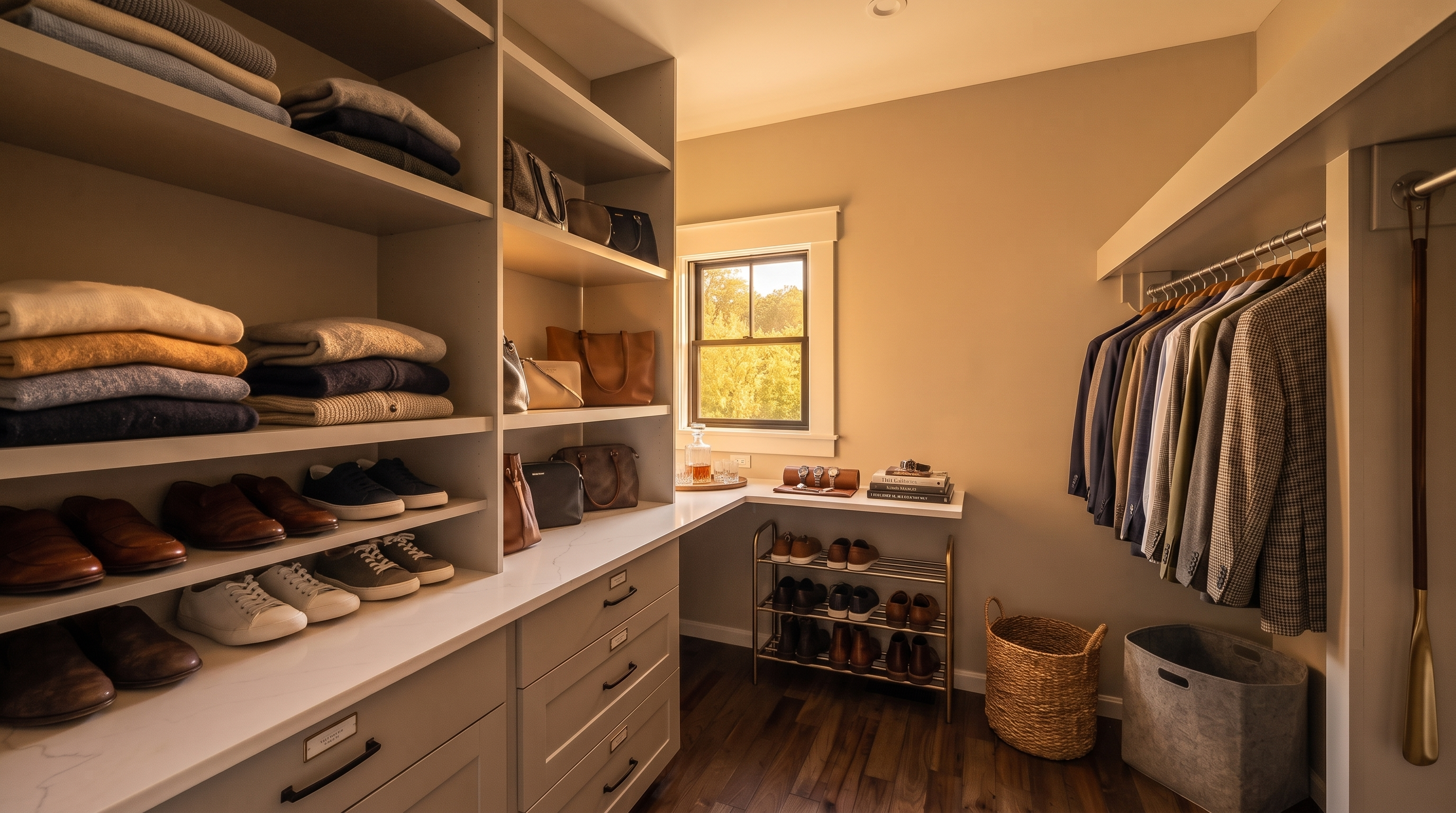 This spacious and organized walk-in closet features high-end custom cabinetry with integrated drawer storage and ample shelving. The space is accented by elegant white stone countertops and rich hardwood flooring, creating a sophisticated and functional dressing area. A window allows for natural light, enhancing the bright, clean aesthetic of this well-designed storage space.