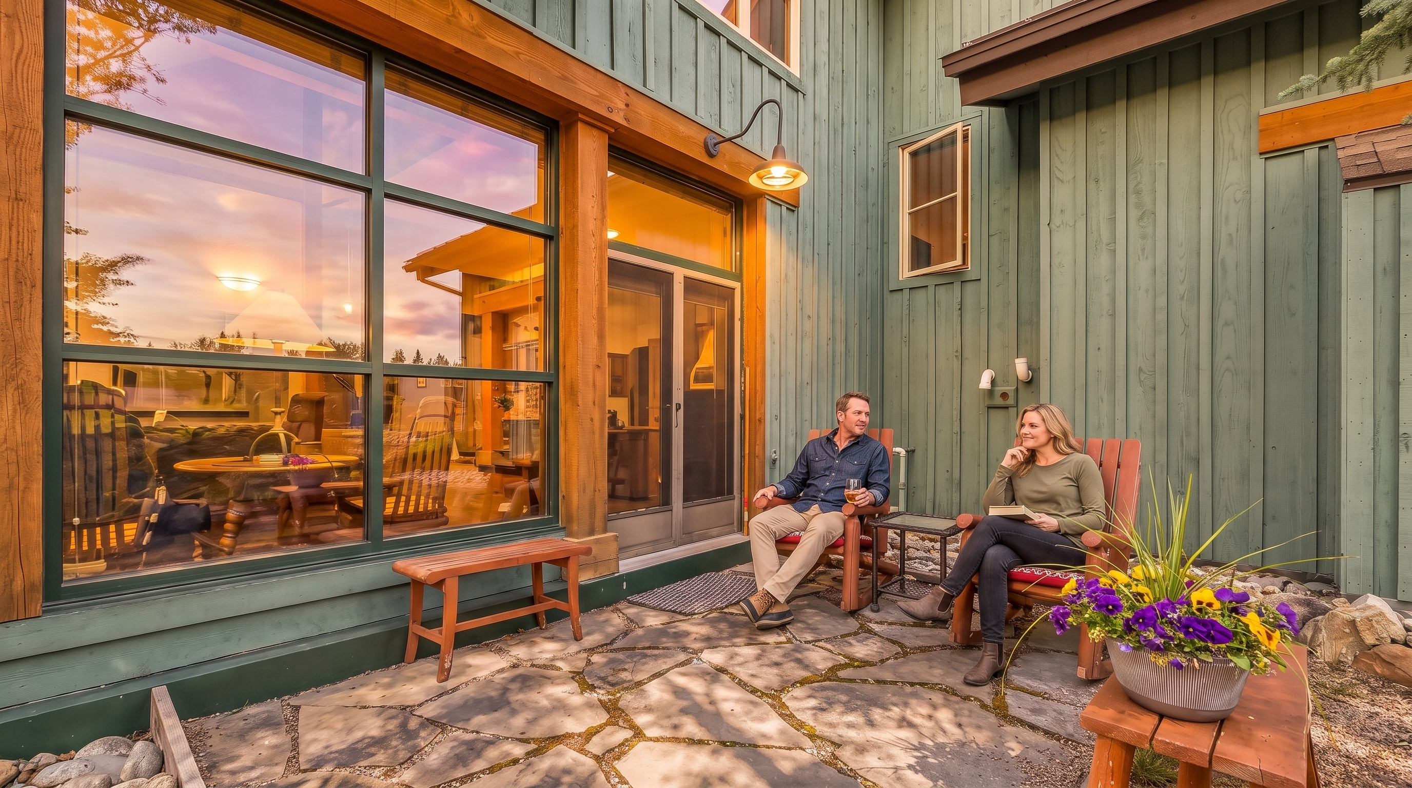 This inviting stone-paved patio features a pair of wooden rocking chairs and a small side table, creating a cozy outdoor seating area. The space is framed by green vertical siding and large windows that offer a glimpse into the home's interior, while a potted plant with vibrant purple flowers adds a touch of color. The scene is bathed in dappled sunlight, highlighting the natural textures of the stone floor and the rustic charm of the home's exterior.