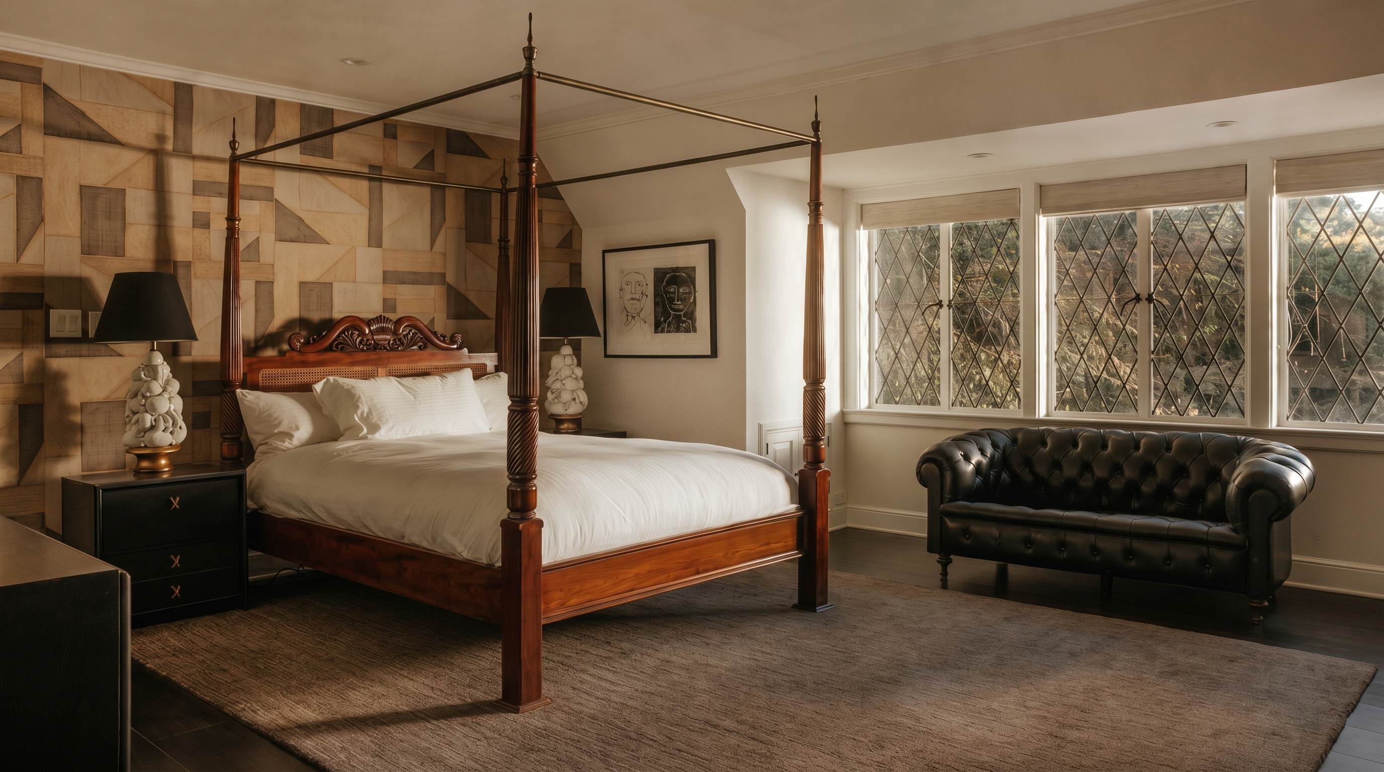This elegant primary bedroom features a grand four-poster wooden bed as the centerpiece, set against a sophisticated geometric patterned wallpaper. A classic black leather tufted sofa sits beneath large, multi-paned windows that invite natural light into the room. The space is grounded by a neutral-toned area rug over dark hardwood floors, creating a refined and tranquil atmosphere.