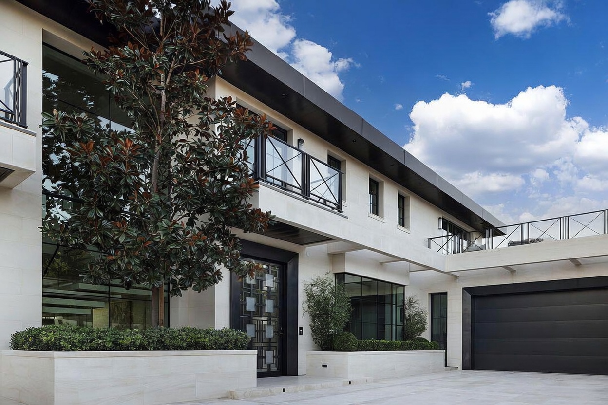 This modern luxury residence features a clean, minimalist aesthetic with light-toned stone cladding and dark metal accents. The front facade includes a prominent entryway with a geometric patterned door, large glass panels, and a second-story balcony with a sleek railing. A mature magnolia tree stands in a stone planter in the foreground, while a paved driveway leads to an integrated garage on the right.