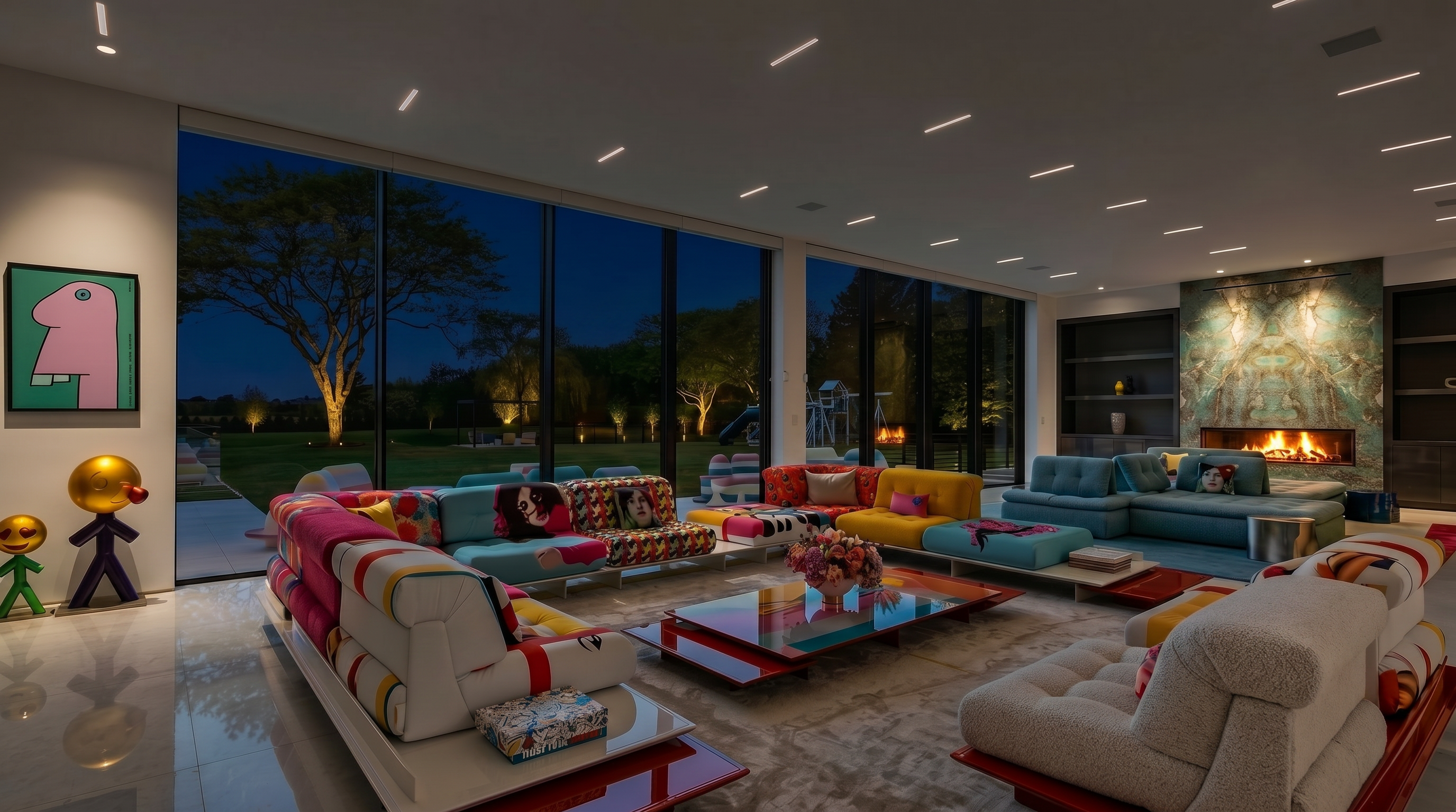 This expansive, contemporary living room features a vibrant, eclectic furniture arrangement centered around a multi-tiered glass coffee table. Large, floor-to-ceiling windows provide an unobstructed view of the lush green backyard, while a striking stone-clad chimney breast serves as a focal point on the far wall. The space is characterized by its bright, airy atmosphere, high ceilings, and bold, artistic decor choices.