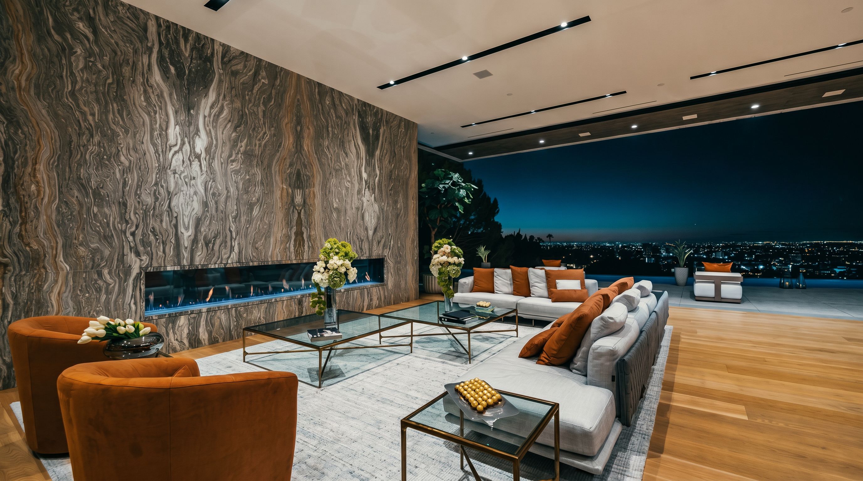 This expansive, ultra-modern living room features a striking floor-to-ceiling marble accent wall with a sleek, linear fireplace. The space is furnished with plush, contemporary seating in warm earth tones and opens seamlessly to a vast outdoor terrace with panoramic city views. The cinematic perspective highlights the sophisticated blend of high-end materials, recessed lighting, and the dramatic transition between the luxurious interior and the night skyline.