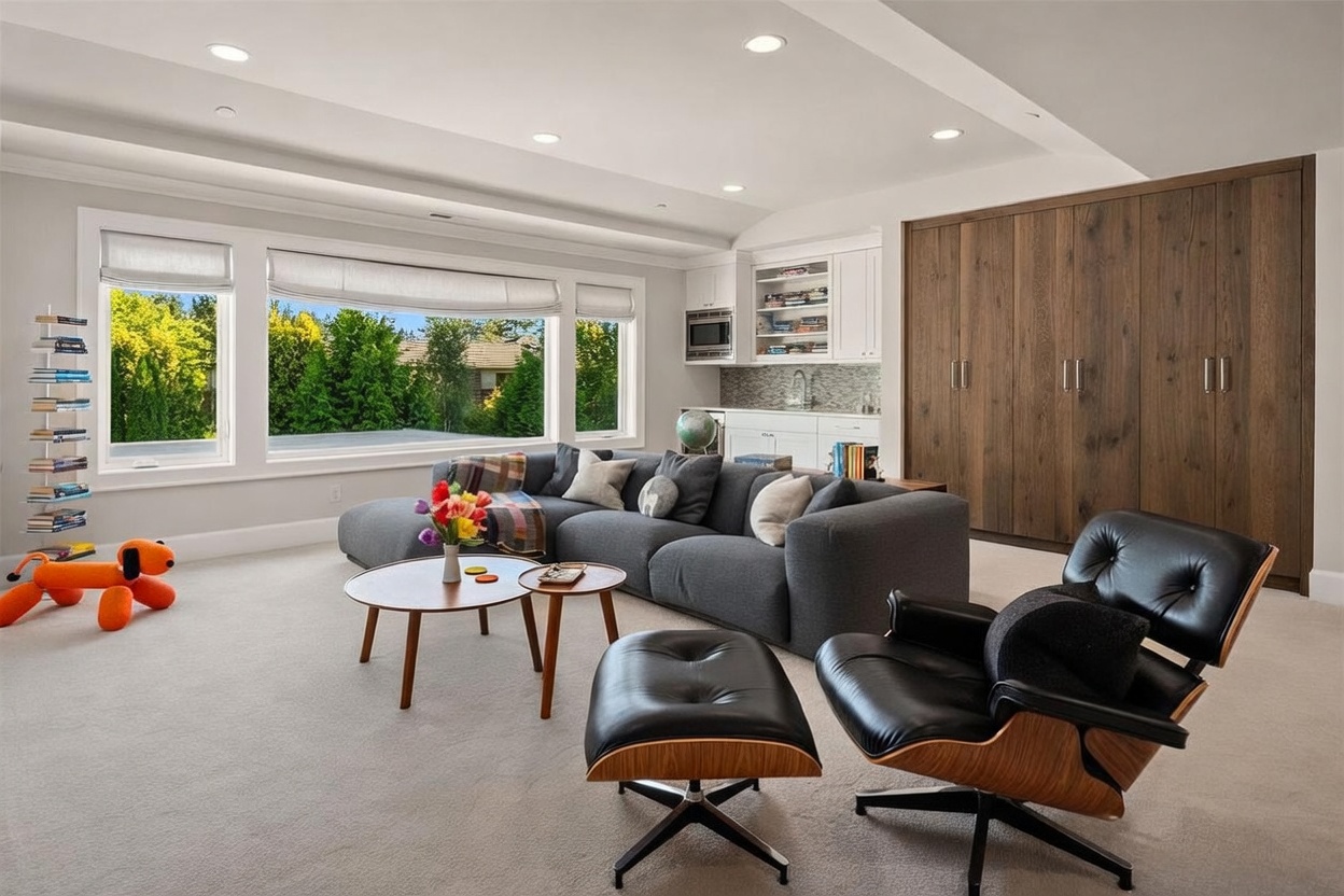 This spacious living room features a large, plush gray sectional sofa arranged around a pair of round wooden coffee tables. A prominent wall of dark wood cabinetry provides ample storage, while a built-in wet bar area with a microwave and shelving adds functional convenience. Large windows offer a bright, expansive view of the outdoors, and a classic lounge chair with an ottoman completes the comfortable seating arrangement.
