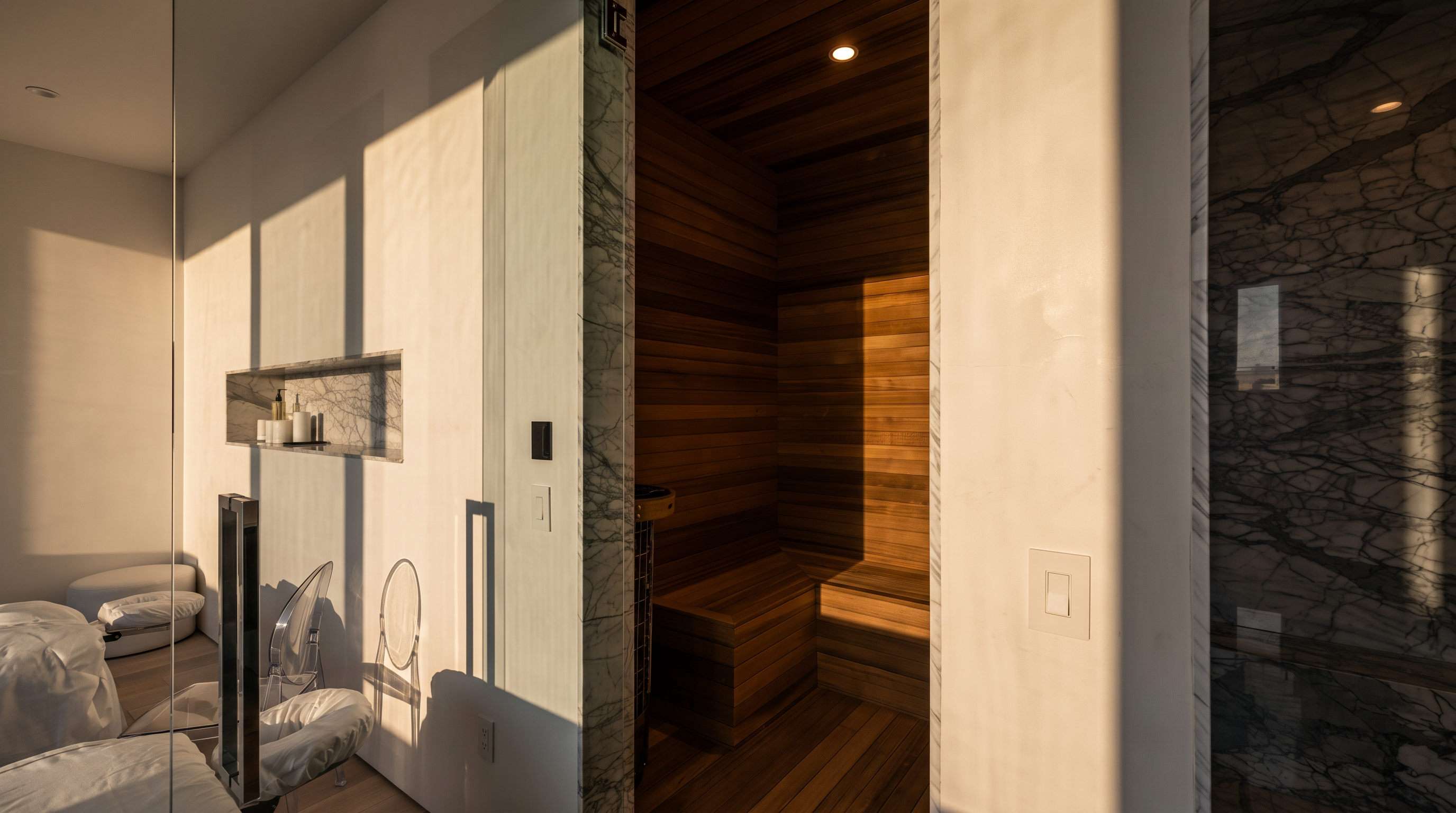 This image showcases a modern, high-end bathroom featuring a dedicated sauna room lined with warm-toned wood planks. To the left, a glass-enclosed shower area with a recessed wall niche is visible, while the right side features a wall clad in patterned stone. The clean, minimalist aesthetic is enhanced by bright lighting and a sleek, contemporary design.