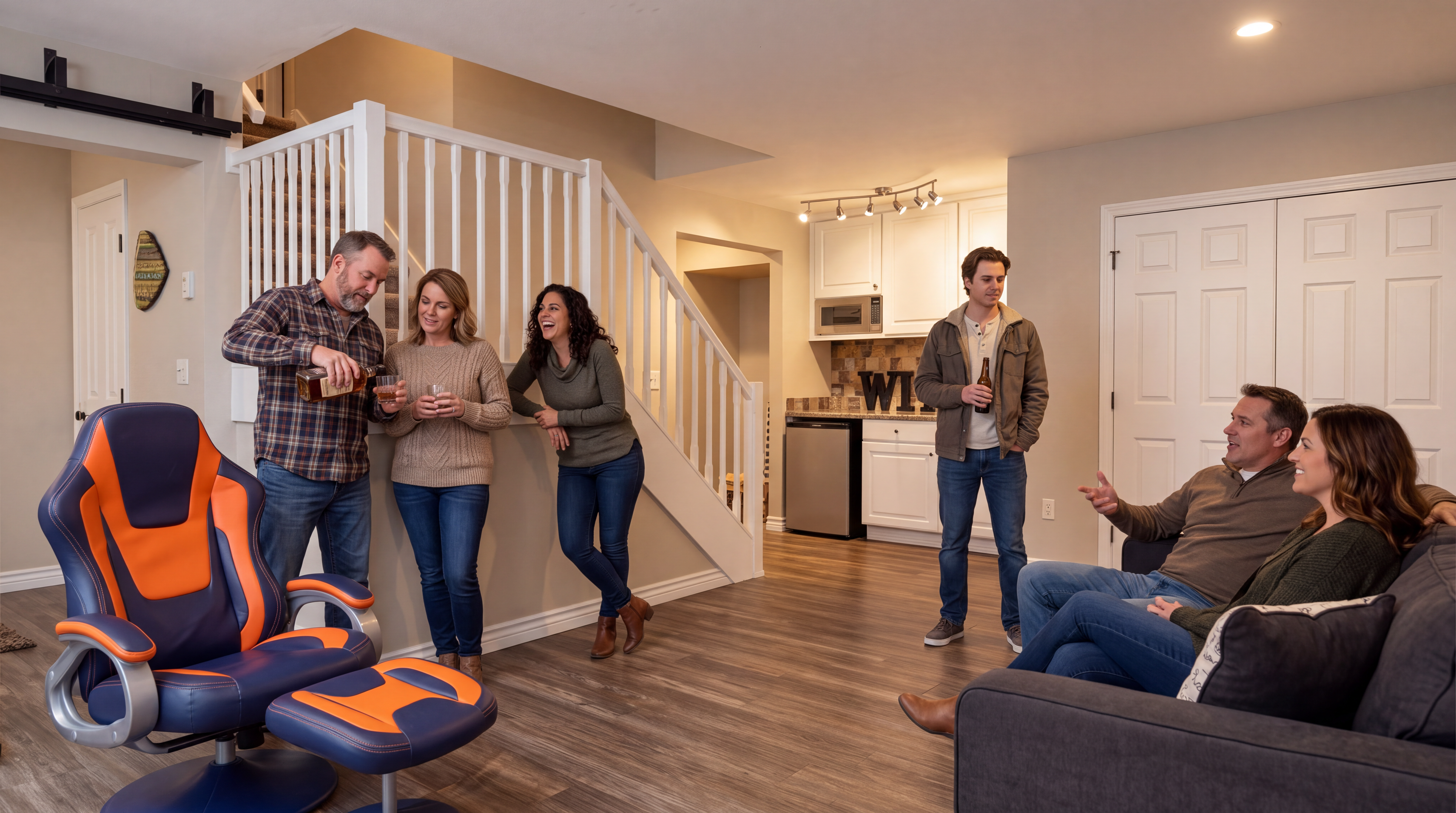 This finished basement features a comfortable living area with wood-style flooring, a staircase with white railings, and an integrated kitchenette with modern cabinets and appliances. The space is well-lit and designed for socializing, accented by a casual lounge seating area and a vibrant blue and orange gaming chair. Its open-concept layout creates an inviting, multi-functional environment perfect for entertaining.