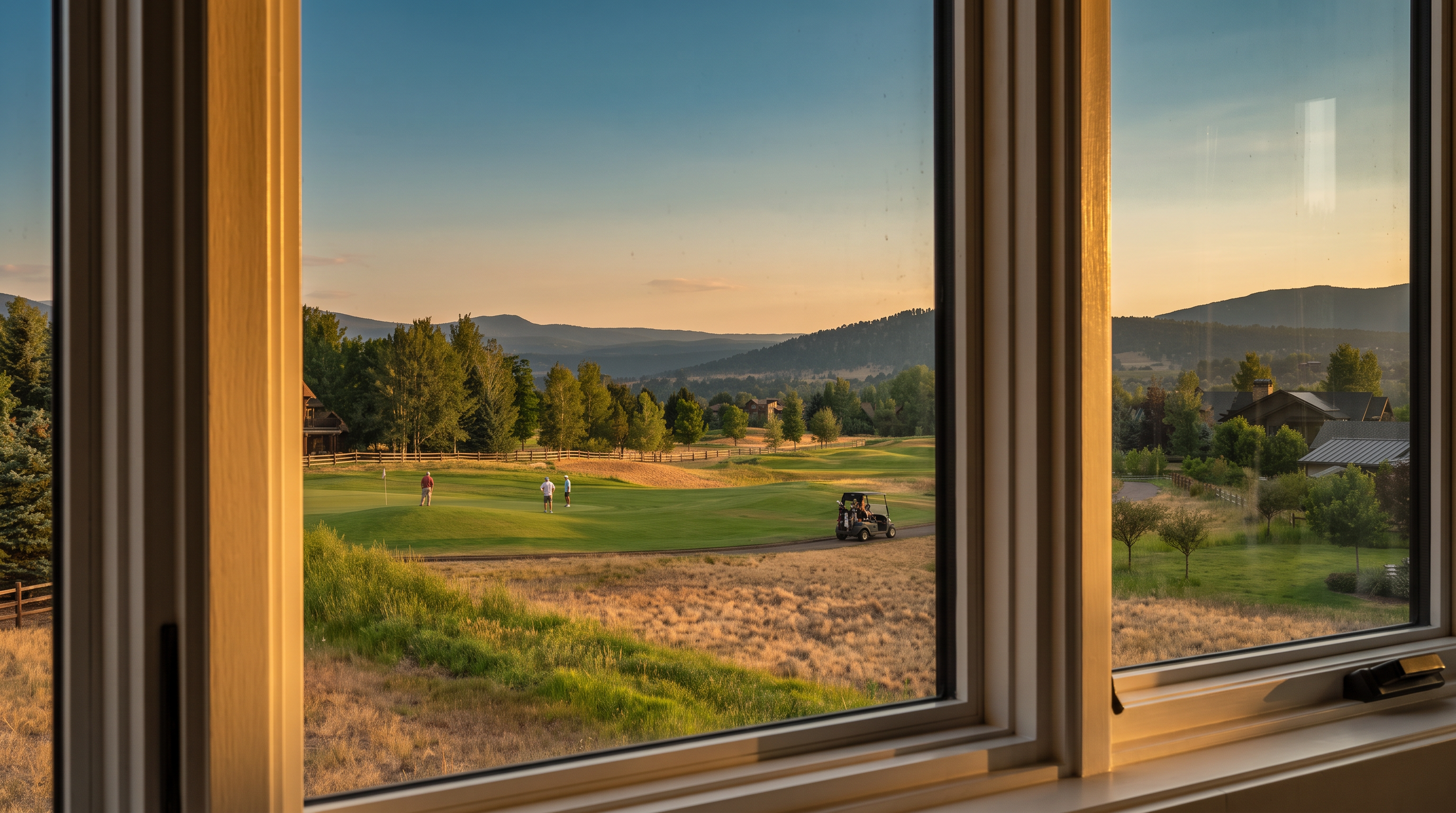 This image is taken from inside, looking out through a window at a scenic golf course view. The landscape features manicured green fairways, native dry grasses, and a distant mountain range under a clear blue sky. It captures a peaceful, picturesque setting that highlights a desirable property location with outdoor recreational access.