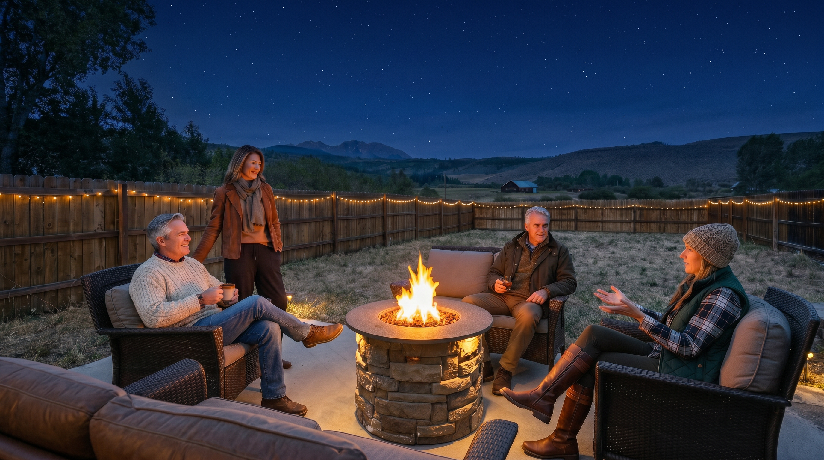 This outdoor living space features a concrete patio furnished with comfortable wicker chairs and a central stone-clad fire pit. The patio overlooks a spacious, fenced-in backyard that transitions into a scenic landscape with rolling hills and distant mountains under a bright blue sky. The perspective is from a low-angle, eye-level position, emphasizing the inviting atmosphere and the expansive mountain views.