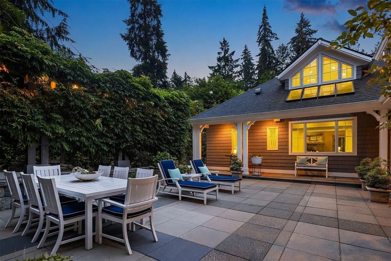 This evening shot captures a spacious stone-paved patio featuring a white dining set and two lounge chairs with blue cushions. The house exterior showcases shingle-style siding, a covered porch area, and large windows that glow with warm interior lighting. Lush greenery and tall trees frame the backyard, creating a serene and inviting outdoor living space.