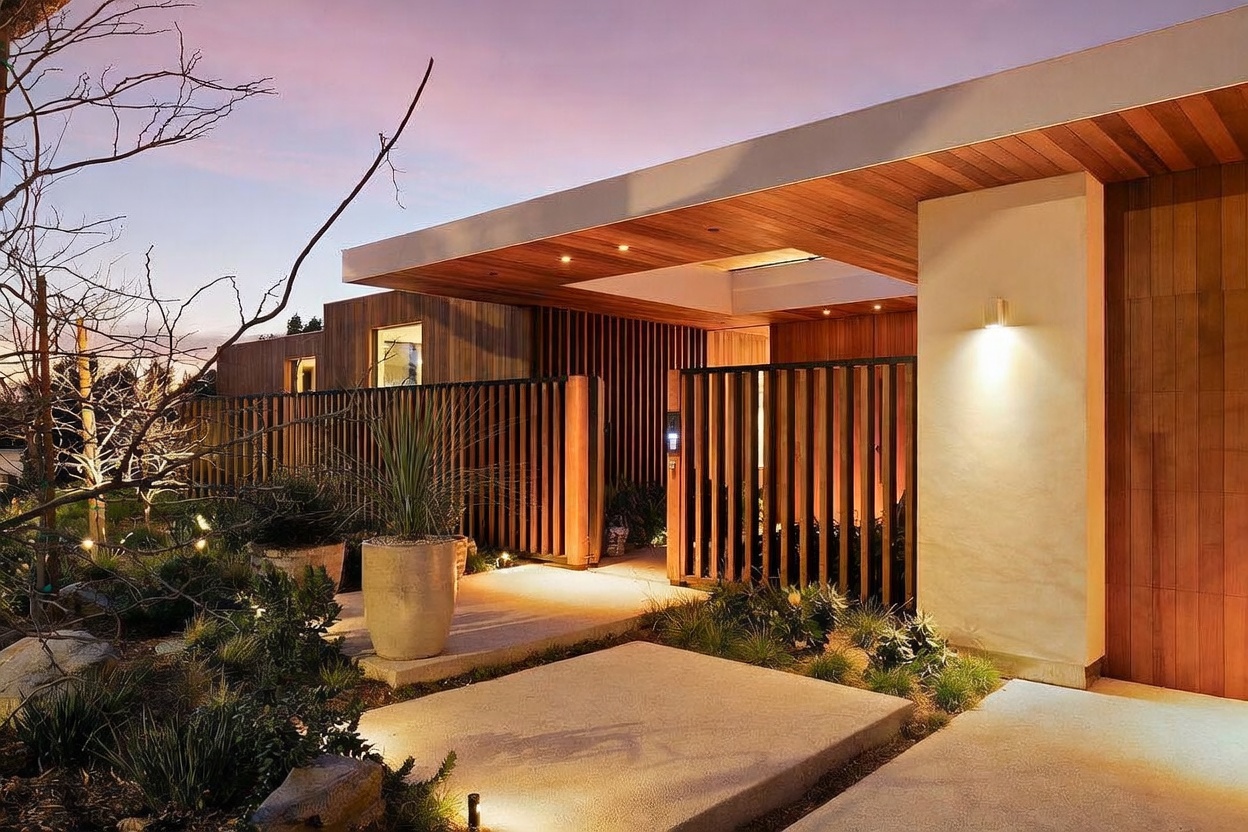 This modern entryway features a striking architectural design with a warm wood-paneled ceiling and a vertical slat privacy screen. The scene is illuminated by soft, ambient lighting that highlights the clean lines of the concrete walkway and the lush, manicured landscaping. The overall aesthetic is sophisticated and contemporary, creating an inviting and high-end first impression.
