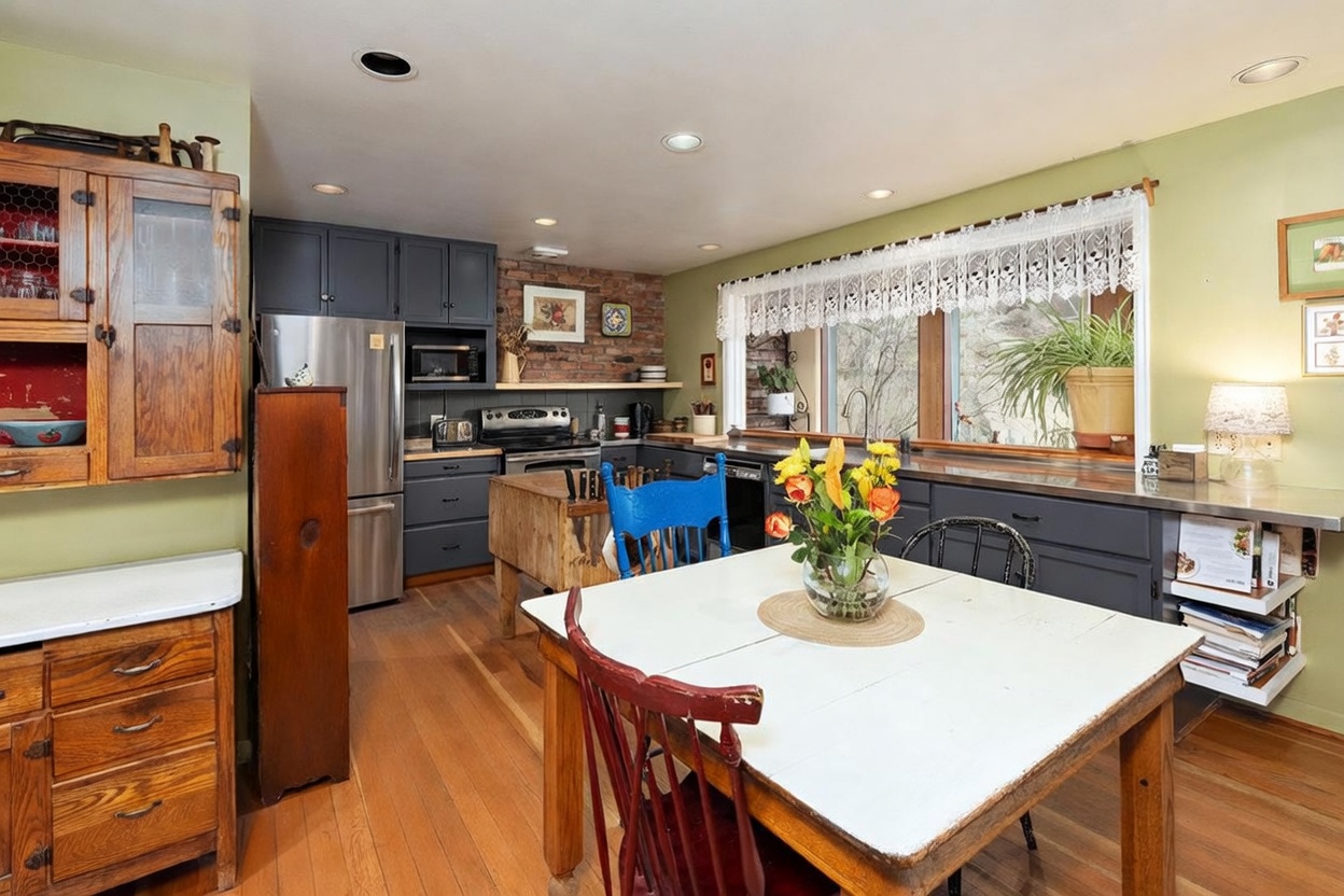 This rustic-style kitchen features dark cabinetry contrasted by a brick backsplash and warm wood flooring. A central butcher block island provides additional workspace, while a white dining table sits in the foreground, creating an inviting eat-in area. Large windows with lace valances allow natural light to fill the space, highlighting the cozy, lived-in atmosphere.