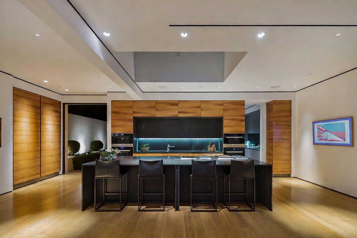 This modern, minimalist kitchen features a large central island with dark cabinetry and four leather-upholstered bar stools. The space is defined by warm wood-toned cabinetry that contrasts with the sleek, dark backsplash and integrated appliances. A recessed ceiling area with a skylight adds architectural interest, while the open-concept layout flows seamlessly into the surrounding living areas.