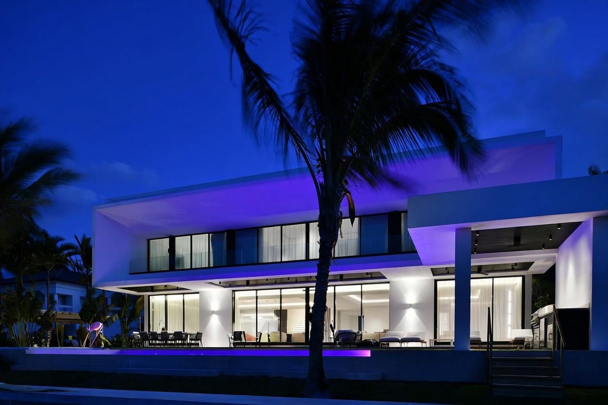 This modern luxury residence is captured at twilight, showcasing a sleek, minimalist architectural design with expansive glass walls and vibrant purple accent lighting. The rear elevation features a seamless transition between the indoor living areas and the outdoor patio, which overlooks a glowing swimming pool. A prominent palm tree stands in the foreground, framing the structure against a deep blue evening sky.