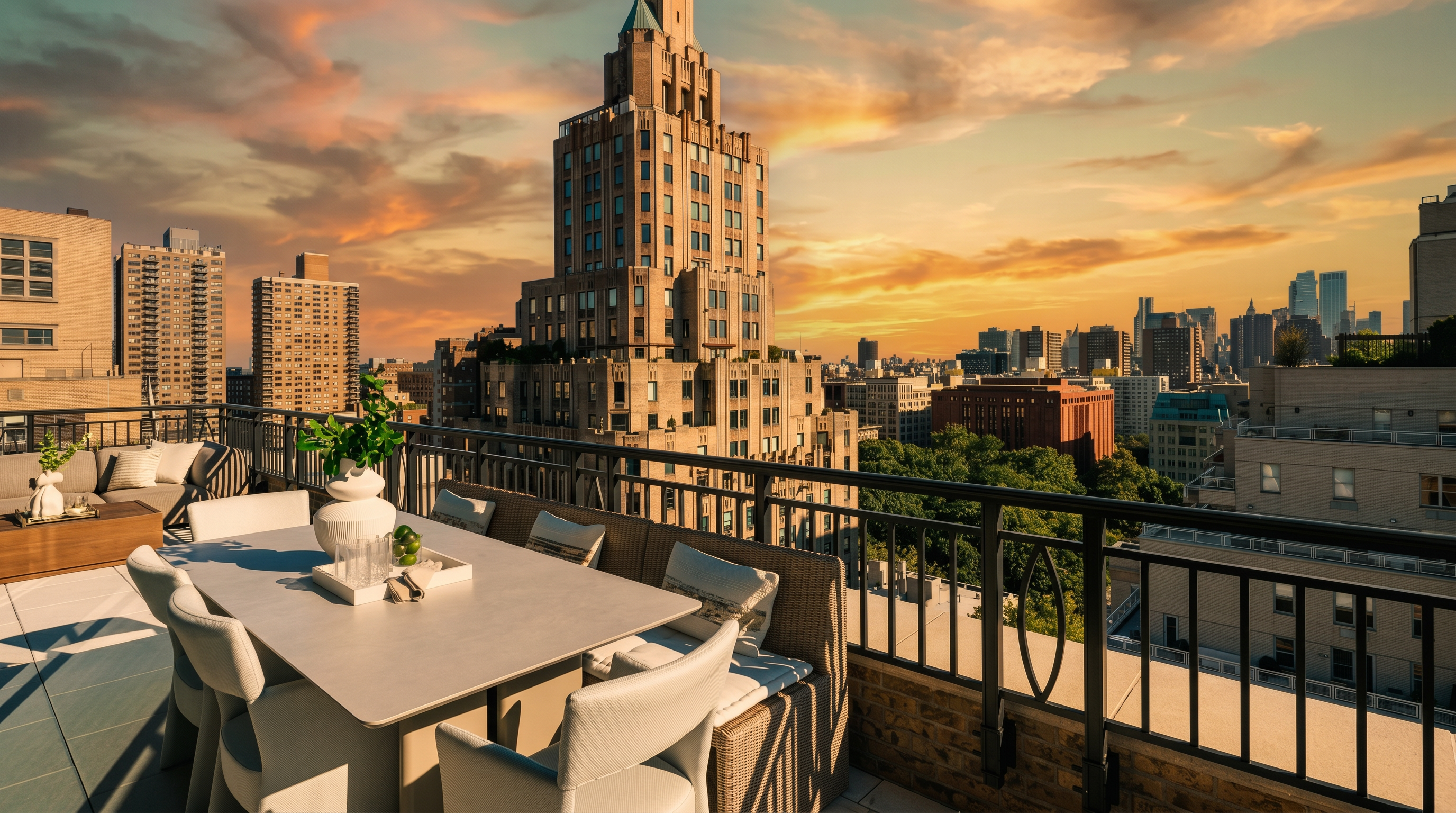 This expansive outdoor terrace offers a sophisticated dining area with a modern table and comfortable seating, set against a stunning urban skyline. The perspective captures the elevated vantage point, showcasing a prominent historic skyscraper and lush green treetops in the distance. The space is designed for elegant entertaining, blending contemporary furniture with a dramatic city backdrop.