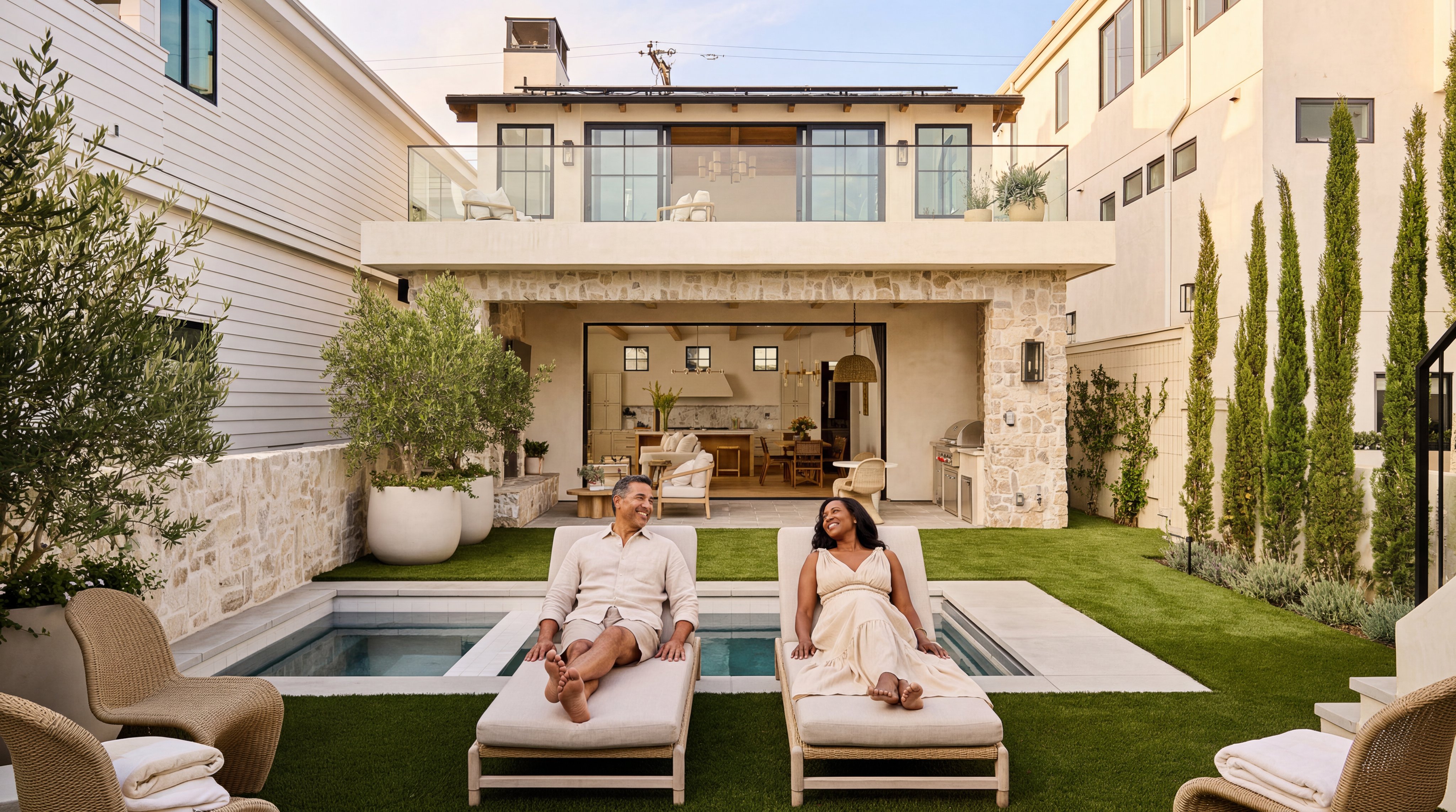 This stunning Mediterranean-inspired backyard features a luxurious swimming pool flanked by comfortable lounge seating for two. The home's rear exterior showcases a blend of stone masonry, a spacious covered patio area, and a sleek upper-level balcony. With meticulously manicured artificial turf and tall, elegant cypress trees, this outdoor space offers a sophisticated retreat perfect for entertaining and relaxation.
