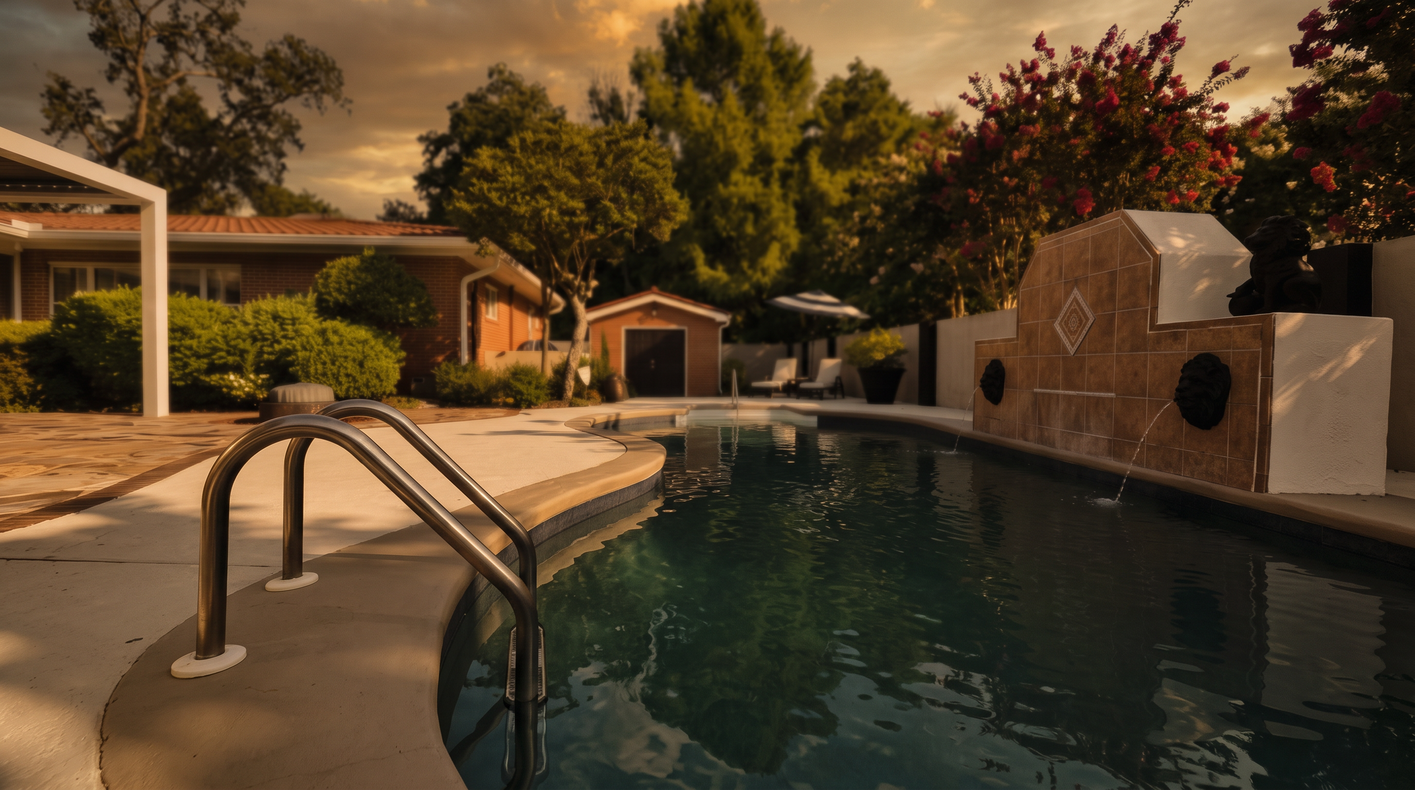This backyard features a curved swimming pool with a decorative water feature wall adorned with lion-head fountains. The surrounding area includes a paved patio, lush landscaping with blooming crepe myrtle trees, and a detached brick structure in the background. The scene is captured from a ground-level perspective, highlighting the inviting outdoor living space perfect for relaxation and entertaining.