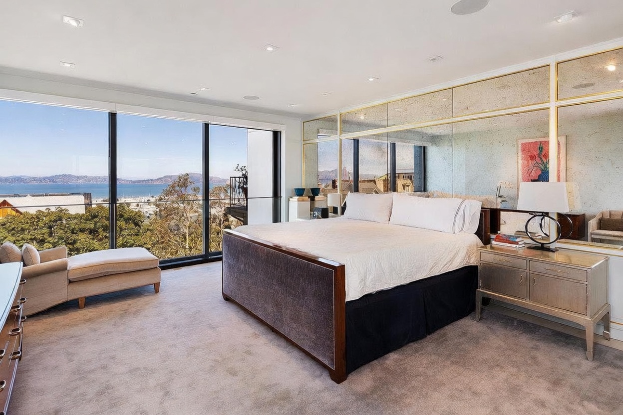 This spacious primary bedroom features a large bed centered against a wall of mirrored panels with gold-toned trim, reflecting the room's bright and airy atmosphere. To the left, expansive floor-to-ceiling windows provide a panoramic view of the bay and surrounding landscape, complemented by a comfortable chaise lounge. The room is finished with neutral carpeting and a sleek, metallic-finished nightstand, creating a sophisticated and tranquil retreat.