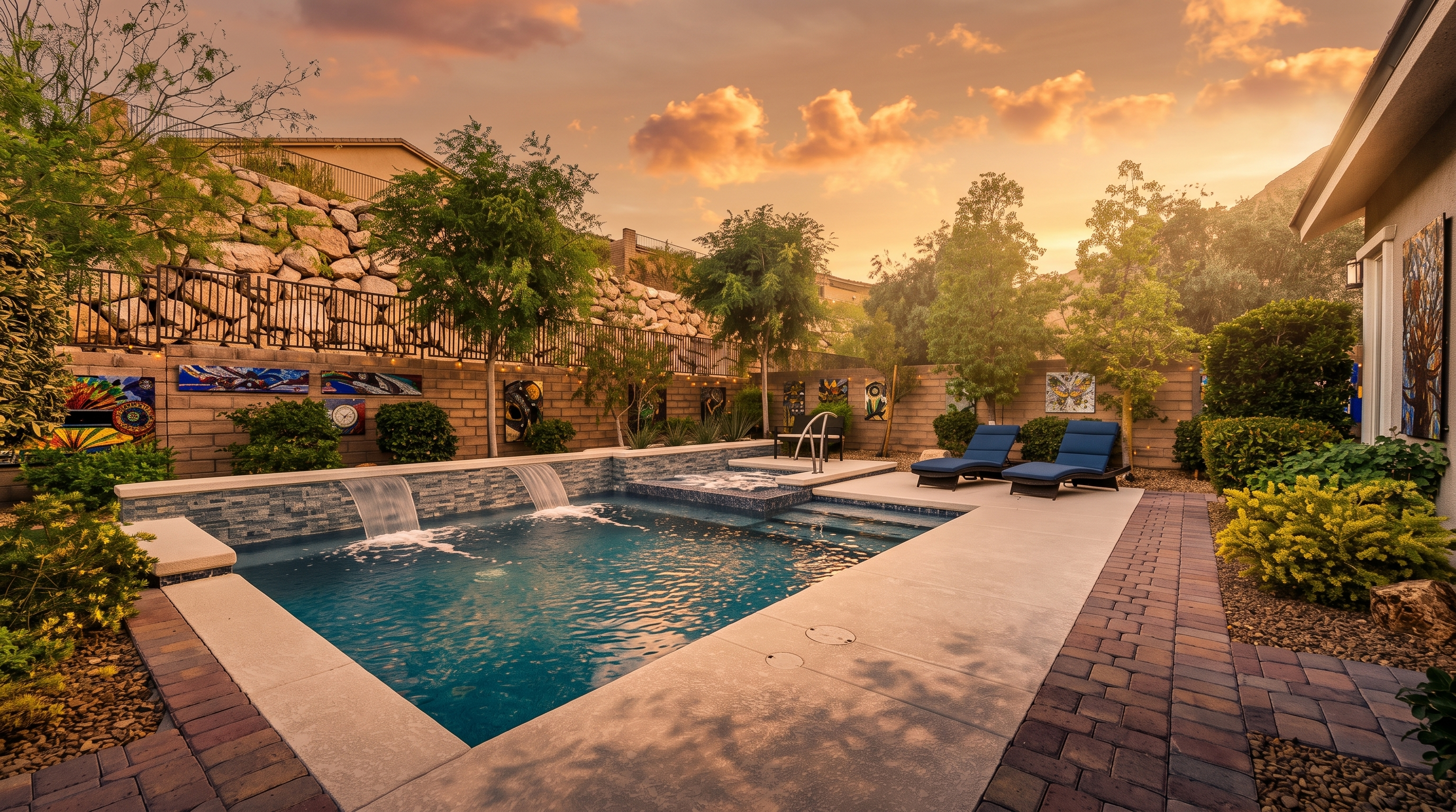 This appealing backyard oasis features a modern rectangular swimming pool with integrated water features and a raised spa. The pool deck is finished with light concrete and bordered by patterned pavers, complemented by blue lounge chairs and decorative wall art. Surrounded by mature trees and a rock-landscaped hill, the area creates a private, resort-like atmosphere perfect for outdoor relaxation.