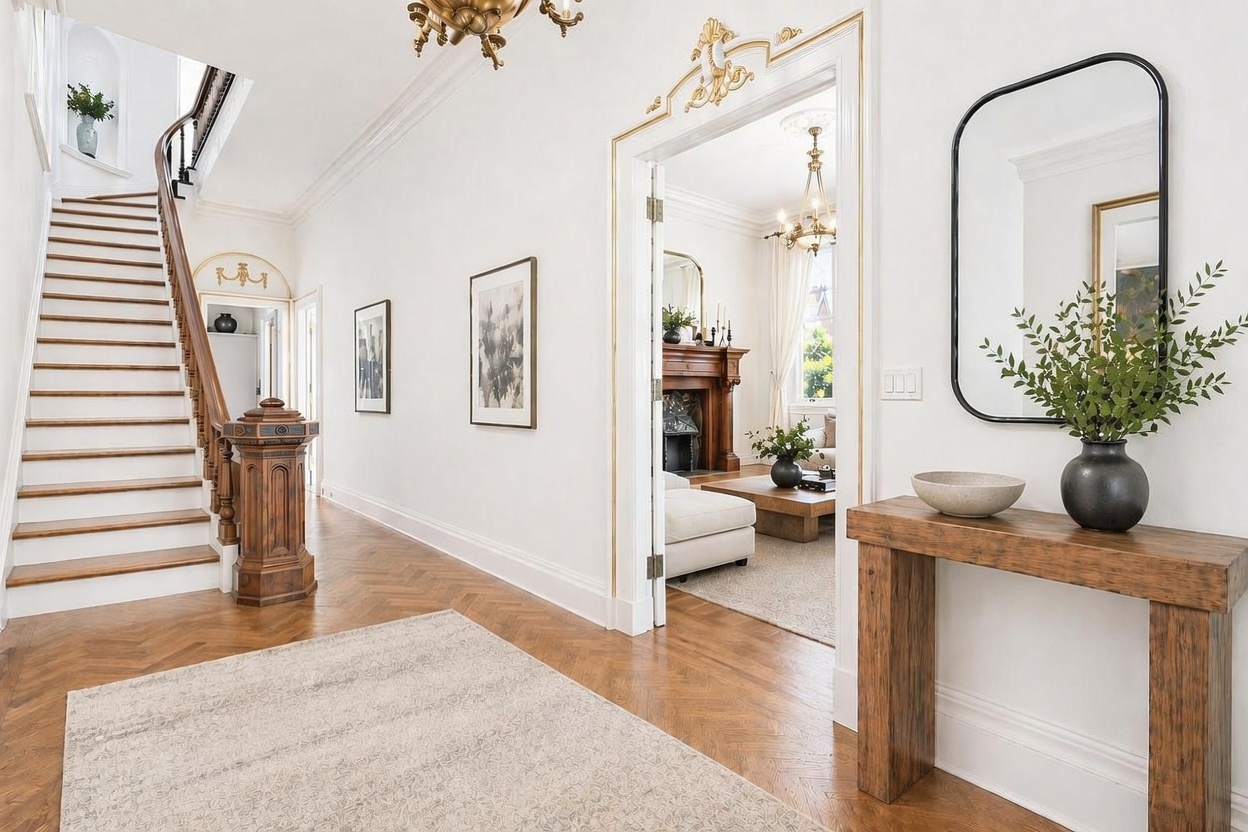 This elegant entryway features a grand staircase with a rich wood banister and a herringbone-patterned wood floor. A console table with a decorative vase and a large mirror sits to the right, while an arched doorway leads into a bright living area with a fireplace. The space is characterized by high ceilings, crisp white walls, and classic architectural details, creating a sophisticated and welcoming atmosphere.
