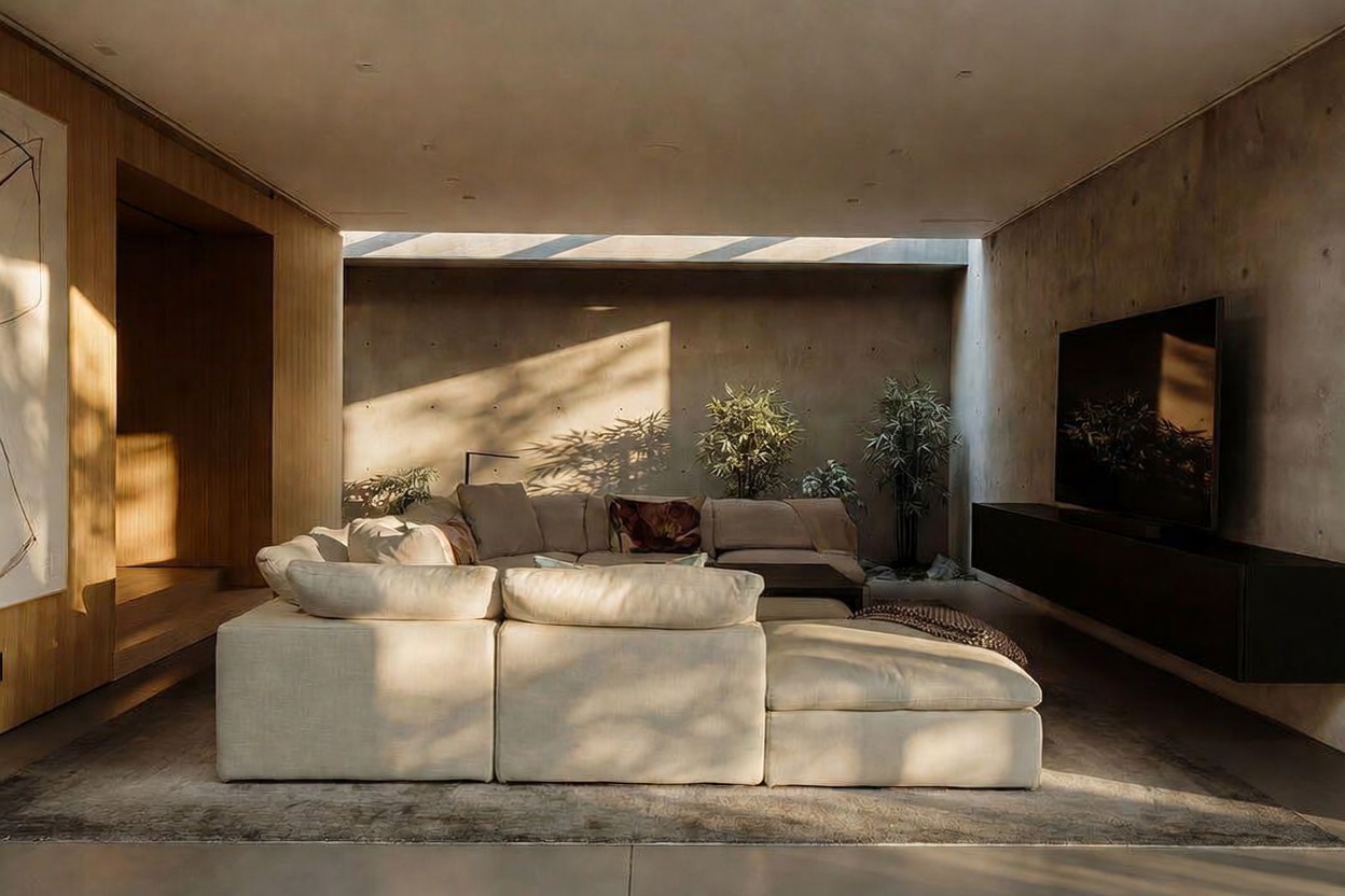 This sophisticated living room features a large, plush modular sectional sofa centered in a minimalist space with raw concrete walls and warm wood paneling. A skylight casts dramatic, soft afternoon light across the room, highlighting the indoor plants and the sleek, wall-mounted television. The overall aesthetic is one of modern luxury, blending industrial textures with cozy, high-end comfort.