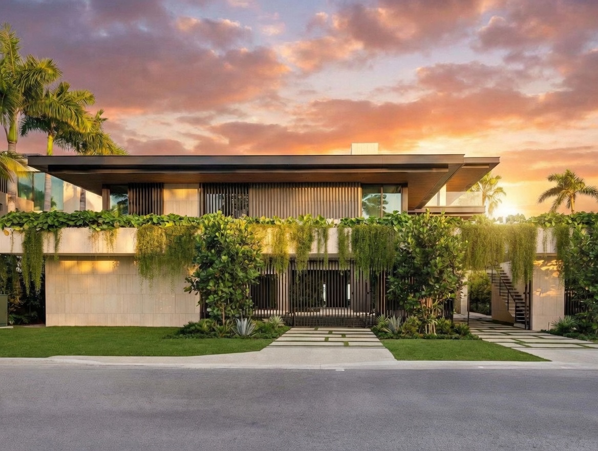 This striking modern residence features a low-profile, horizontal design with clean lines and a prominent cantilevered roofline. The facade is adorned with lush, cascading greenery and vertical slat detailing, creating a sophisticated blend of architecture and nature. A paved walkway leads to the central entrance, framed by manicured landscaping and palm trees under a vibrant sunset sky.