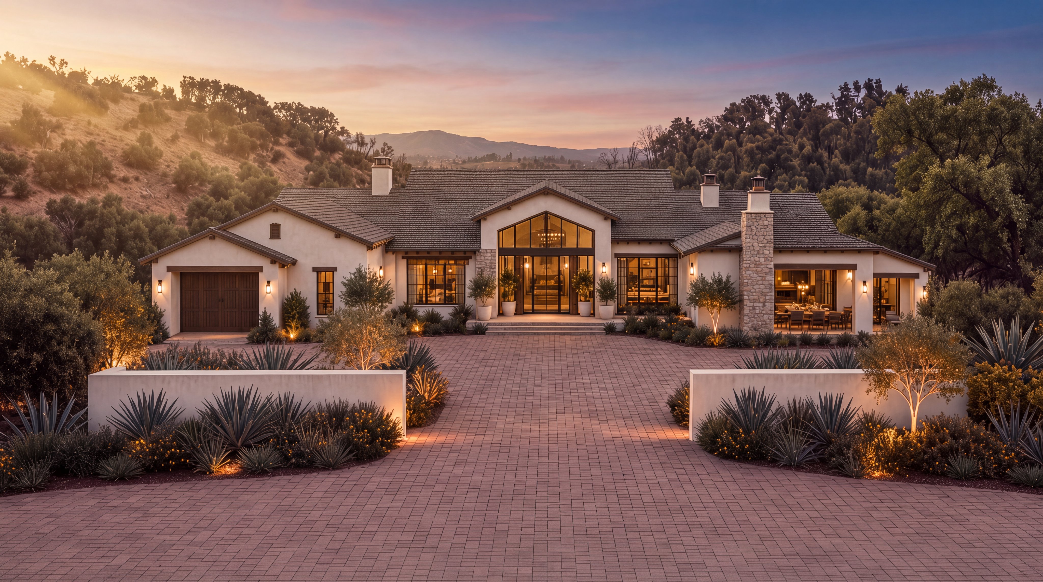 This elegant single-story home features a sophisticated Mediterranean-inspired architectural style with a cream-colored stucco facade, a stone-accented chimney, and a beautifully manicured landscape. The expansive brick-paved driveway leads to a prominent central entryway framed by glass panels, complemented by warm exterior lighting that creates a welcoming ambiance at dusk. Situated against a scenic hillside backdrop, the property offers a harmonious blend of luxury and natural beauty.