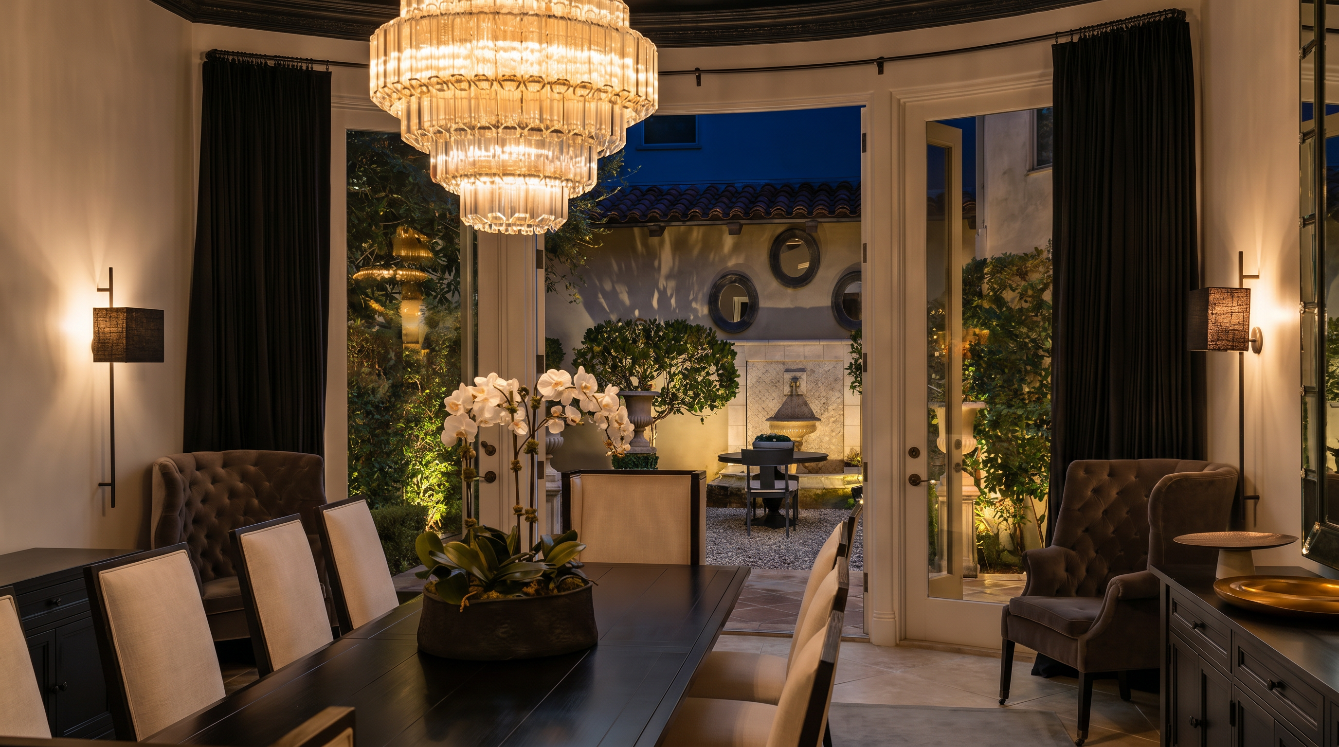 This is an interior shot of a dining room featuring a large, dark wood dining table with upholstered chairs. A grand chandelier hangs above the table, and the room opens to an outdoor courtyard with a fountain and lush greenery. The space is decorated with dark curtains and sconce lighting, creating an elegant and inviting atmosphere.