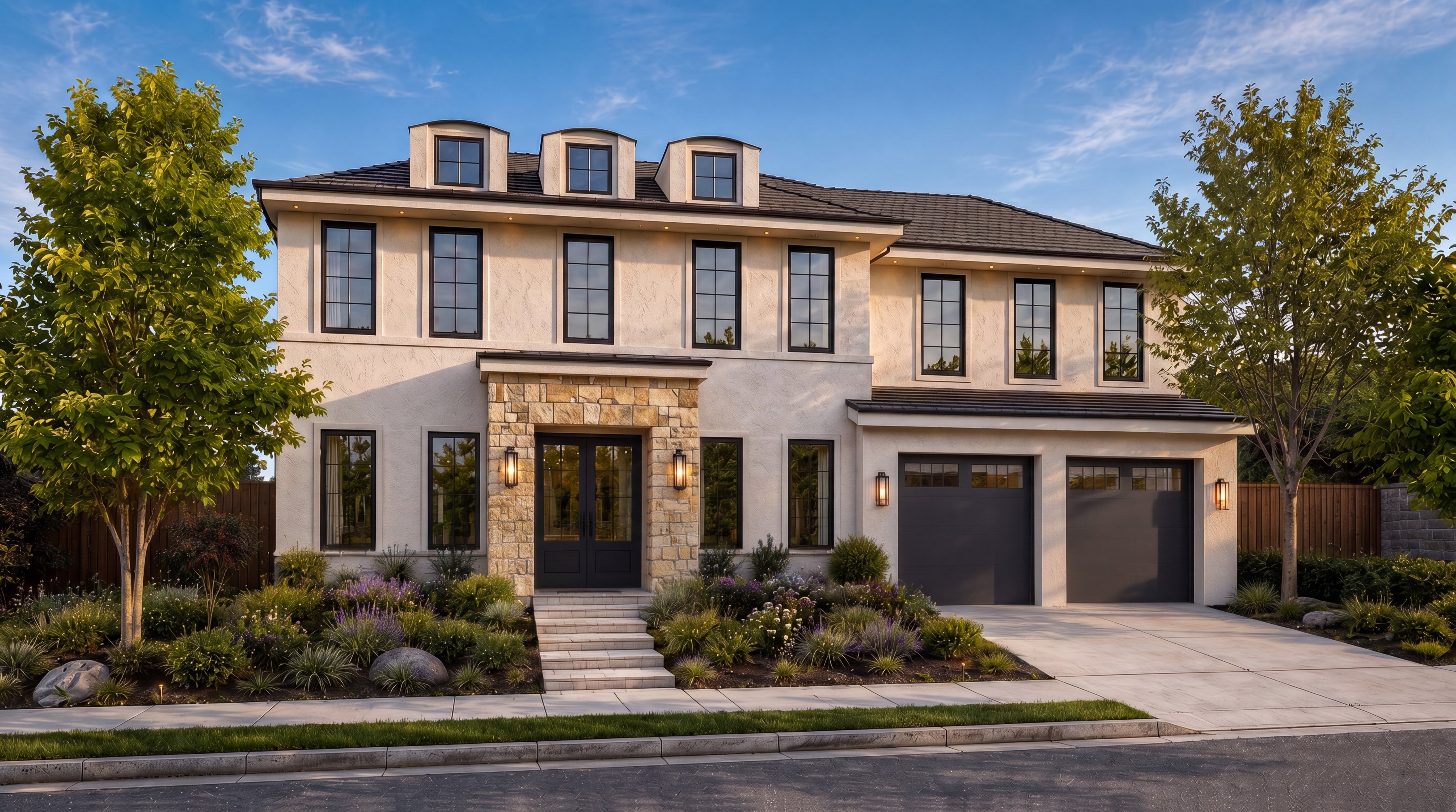 This stunning, two-story luxury residence features a sophisticated cream stucco facade complemented by a natural stone entryway surround. The home offers excellent curb appeal with symmetrical black-framed windows, a sleek two-car garage, and professionally landscaped garden beds integrated into the front yard. Its modern aesthetic is balanced by classic architectural lines, including dormer windows and a refined stone-stepped porch entrance.