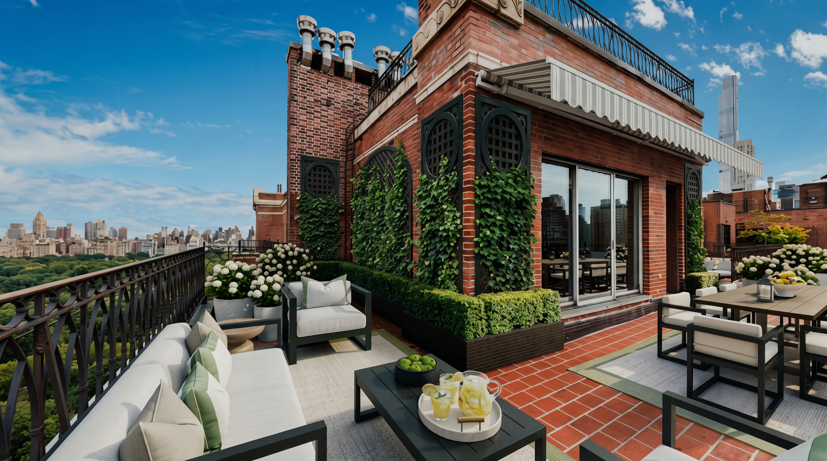 This expansive rooftop terrace offers a sophisticated outdoor living space with a panoramic view of a lush city park. The area is furnished with comfortable seating, including a long sofa and armchairs arranged around a dark coffee table, complemented by a dining set on the side. The brick architecture is accented by climbing ivy on decorative trellises, creating a refined and tranquil urban oasis.