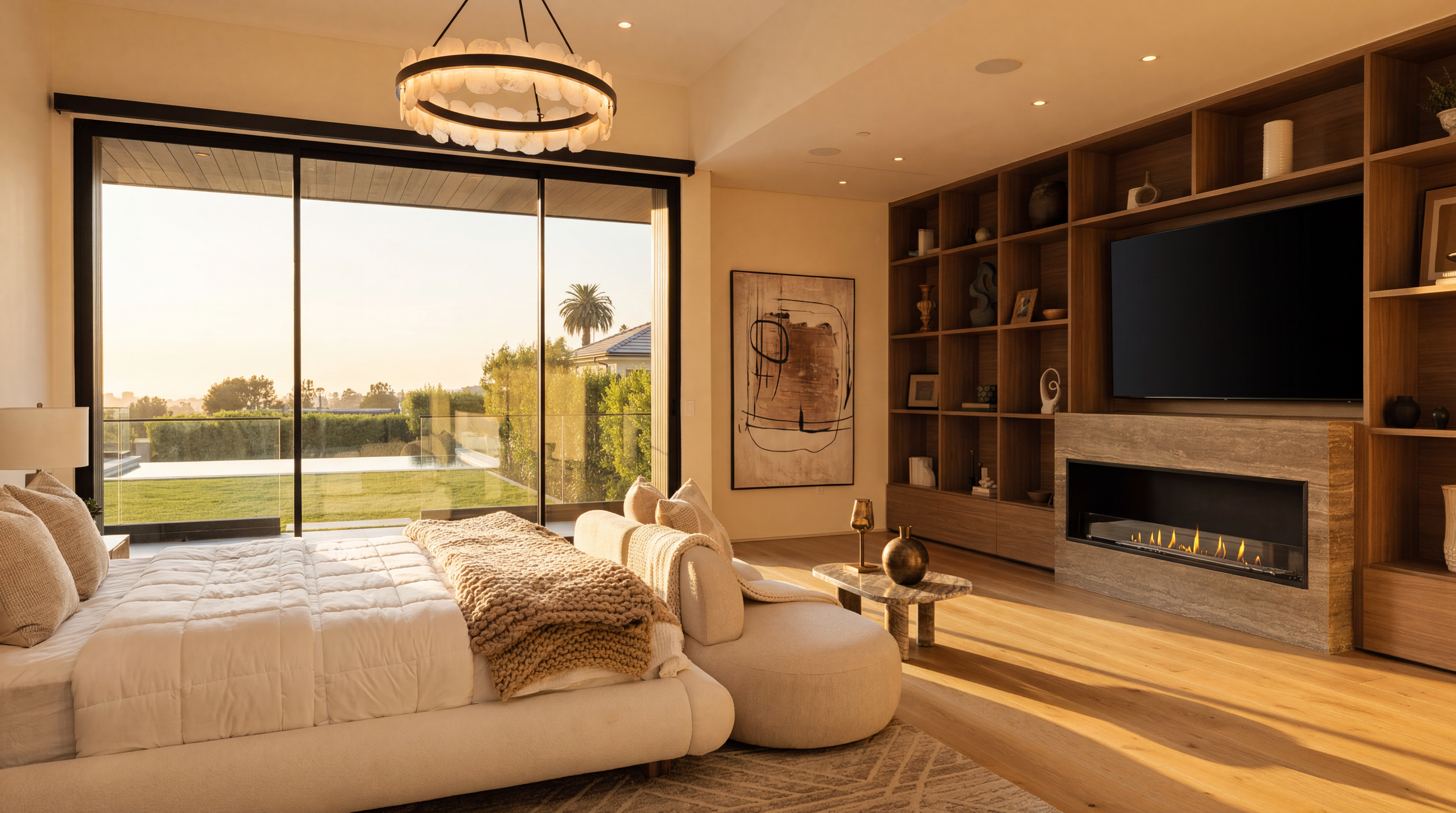 This luxurious primary bedroom features a contemporary aesthetic with warm natural lighting and a seamless transition to the outdoors through large sliding glass doors. The space includes a striking feature wall with custom wood shelving surrounding a modern linear fireplace and a built-in television. A plush, neutral-toned bed and integrated seating lounge area create an inviting atmosphere, complemented by high-end finishes and an elegant circular chandelier.