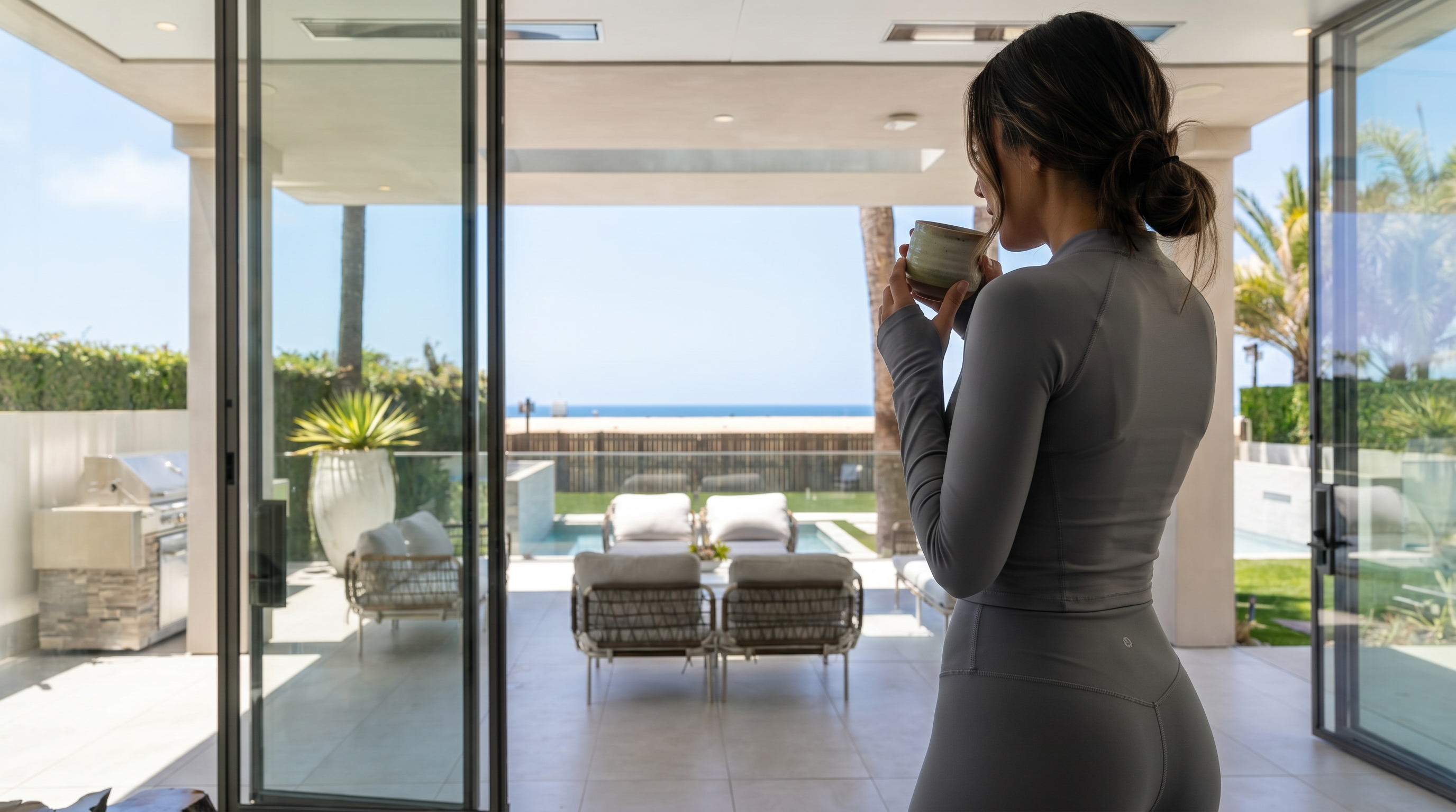 This bright, open-concept living space features large, retractable glass walls that seamlessly connect the interior to a covered patio and a private pool area overlooking the ocean. The room is furnished with modern, minimalist seating and a unique, organic-shaped wooden coffee table, emphasizing a sophisticated indoor-outdoor lifestyle. The neutral color palette and expansive views create a serene, high-end atmosphere perfect for coastal living.