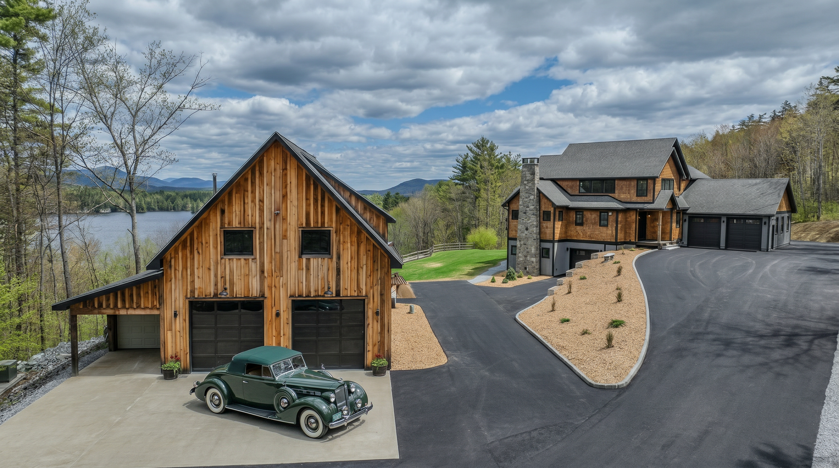 This elevated perspective captures a sprawling property featuring a rustic-style main residence and a detached two-car garage, both clad in warm-toned wood siding. The expansive asphalt driveway winds through the landscape, which includes a landscaped island with gravel and small plantings, all set against a backdrop of dense forest and a serene lake. The scene conveys a sense of secluded luxury and peaceful mountain living.