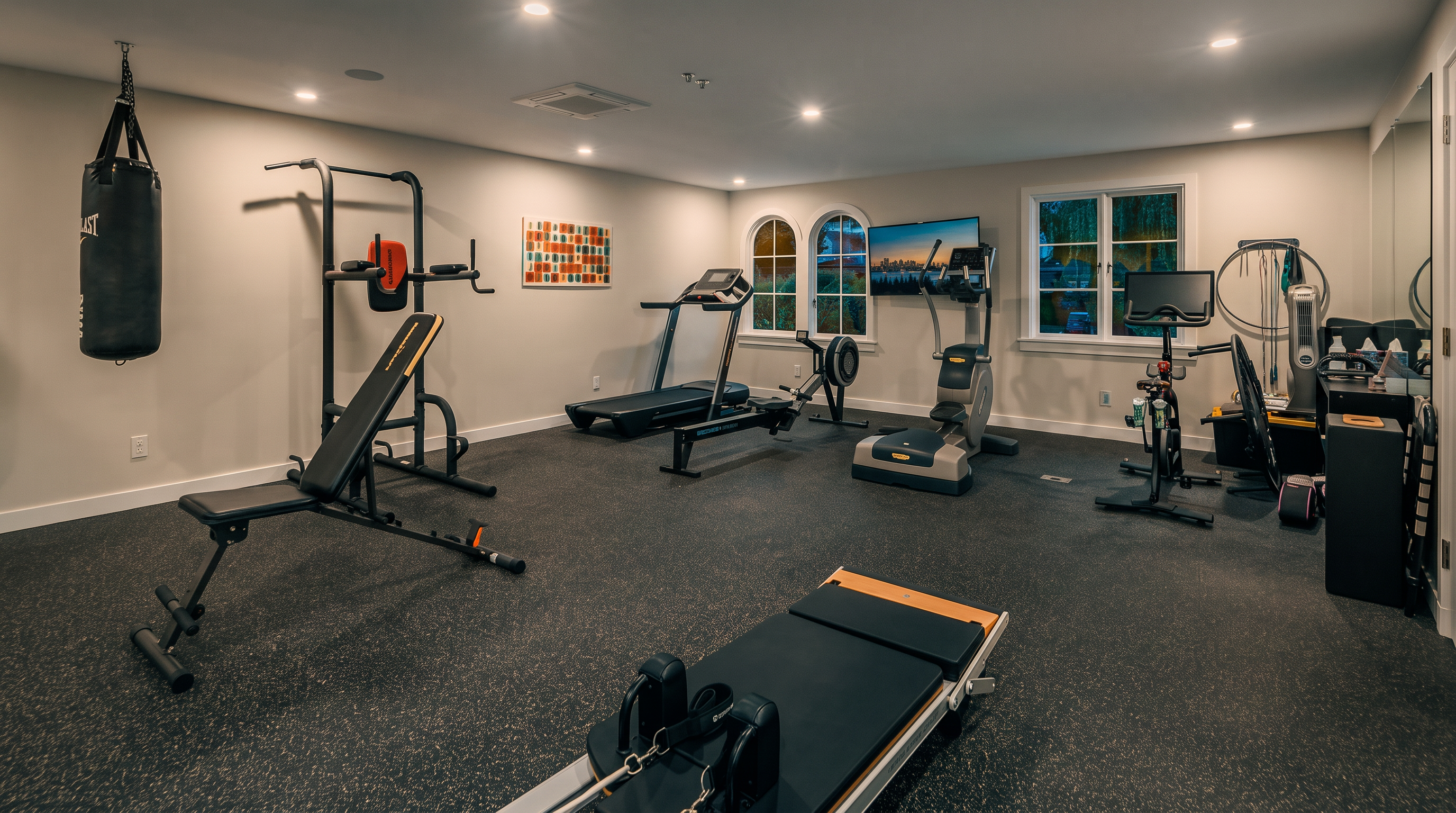 This spacious home gym features a variety of fitness equipment, including a weight bench, a punching bag, a treadmill, a rowing machine, and a stationary bike. The room is finished with dark, textured rubber flooring and neutral-toned walls, creating a functional and dedicated workout environment. Large windows allow natural light to brighten the space, while a Pilates reformer sits prominently in the foreground.
