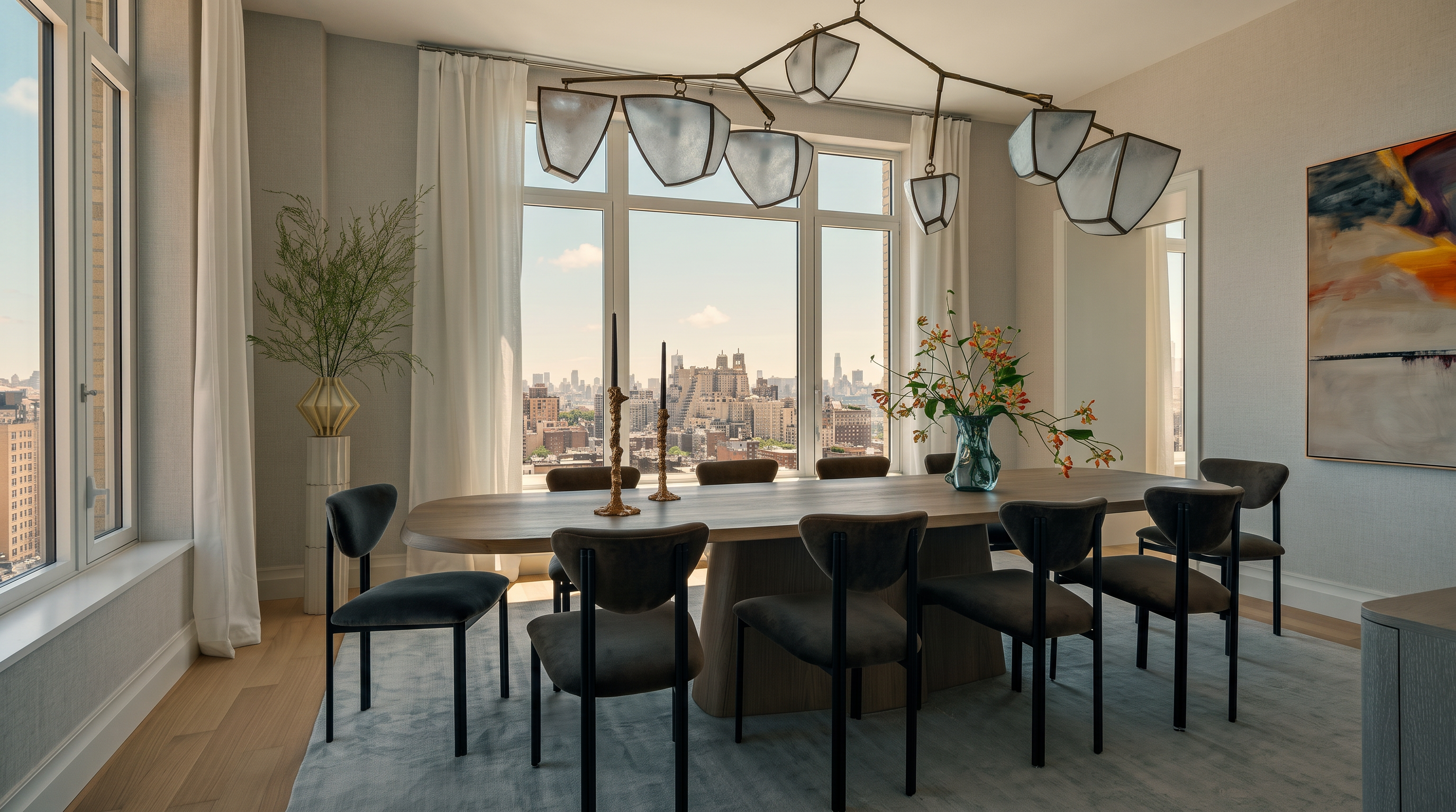 This sophisticated dining room features a long, oval-shaped wooden table surrounded by eight upholstered chairs with dark metal frames. A striking, multi-armed geometric chandelier hangs above the table, while large windows provide an expansive view of the city skyline. The room is finished with neutral-toned walls, light wood flooring, and a large abstract painting, creating an elegant and airy atmosphere.