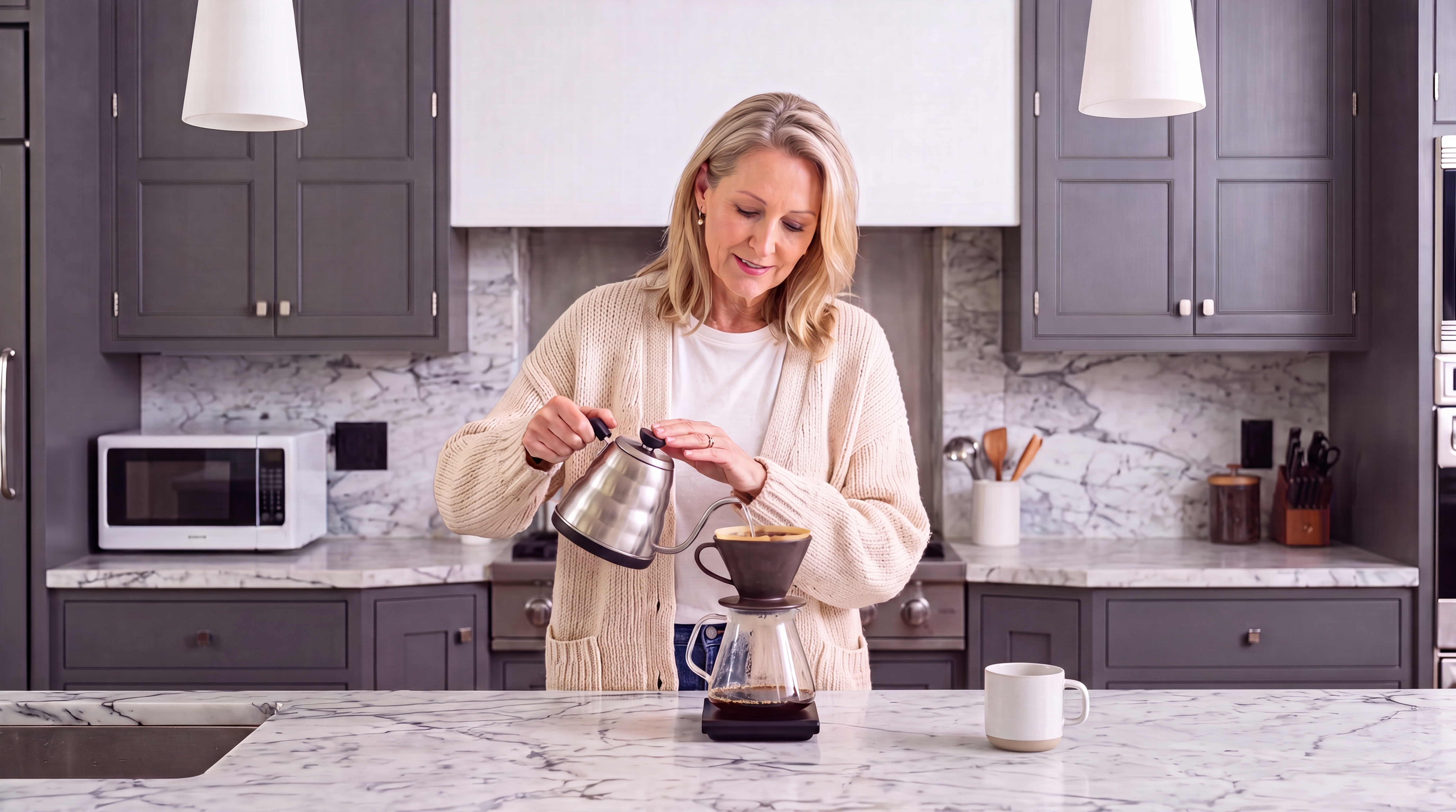 This bright, well-organized kitchen features sophisticated dark gray shaker-style cabinetry complemented by white marble countertops and a matching marble backsplash. The space is highlighted by high-end finishes, clean lines, and integrated stainless steel appliances, creating a polished and inviting atmosphere. A woman is shown preparing pour-over coffee, underscoring the kitchen's functionality as a high-quality, usable living space.